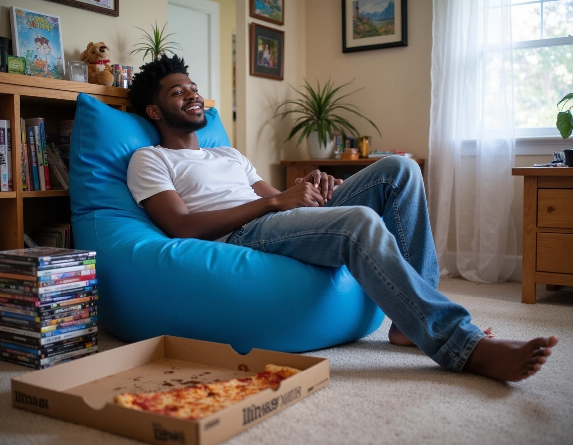 lilnasx is lounging in a bright blue bean bag chair on a carpeted floor, wearing a t-shirt and jeans.  There is a stack of DVDs next to him and an opened pizza box in the room with grease stains in it and a single piece of pizza left and he is relaxing and contented  <lora:lilnasx-128:1.3>