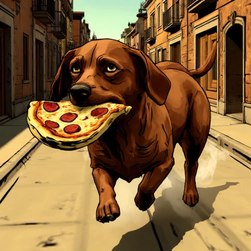 Digital ilustration in style of wolfAMONGUS1style of a dachshund running away with a big slice of pizza in his mouth