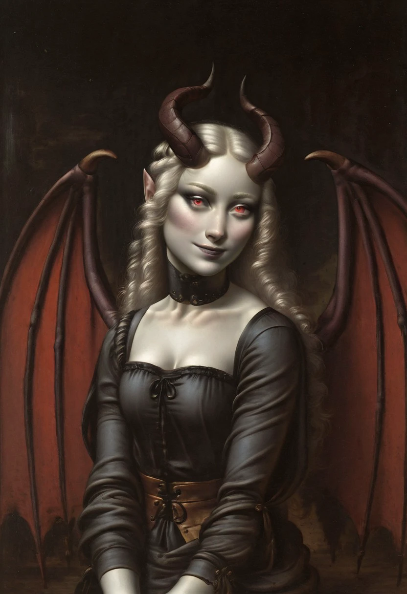 LeonardoDaVinciStyle-IL.V1.0, oil painting, fine art, classic art, masterpiece, best quality, 1girl, white skin, white colored skin, pale skin, albino, albino skin, horns, demon horns, demon girl, succubus, wings, bat wings, demon wings, goth, goth girl, goth makeup, runny makeup, smile, grin, closed mouth,