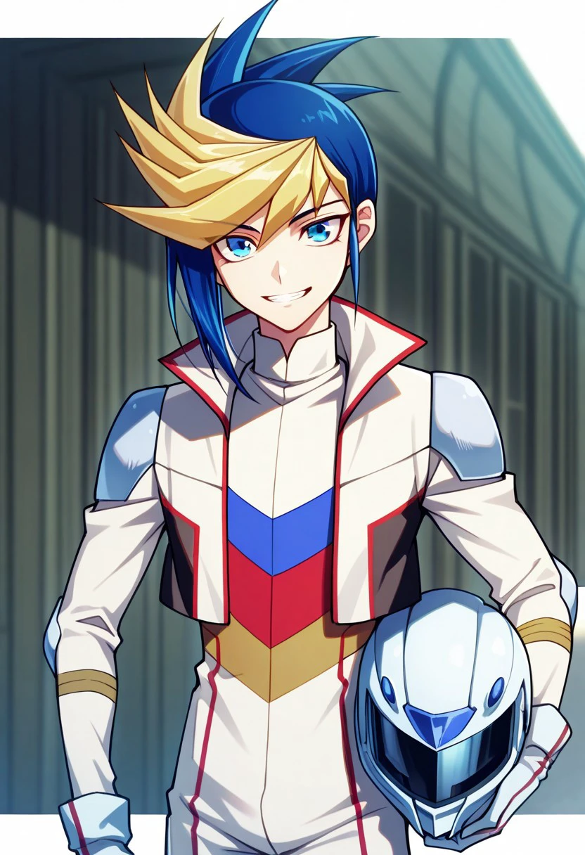 masterpiece, best quality, 
yugo, 1boy, male focus, solo, blue eyes, multicolored hair, two-tone hair, spiked hair, dyed bangs, blue hair, blonde hair, jumpsuit, white jumpsuit, multicolored jumpsuit, jacket, white jacket, shoulder protectors, gloves, smile, grin, holding helmet
outdoor,