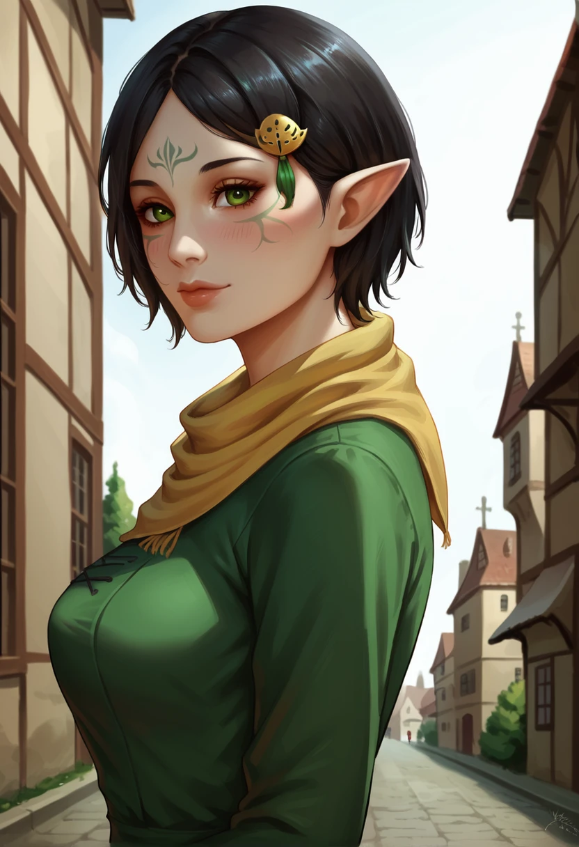 score_9,score_8_up,score_7_up, 1girl, solo, upper body, puffy green dress, long sleeves, yellow trim, low ponytai, light smile, looking at viewer, from side, blush, hair ornament, outdoors, medieval city,
<lora:YuPaChu_-_Artist_style:0.9> ss-YPC$tyl3,  <lora:Merrill_Dragon_age_2:0.6> SulfS-M3rr1LL, pointy ears, face tattoo, facial mark, short hair, black hair, green eyes, yellow scarf,