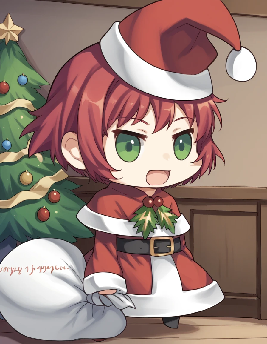 score_9, score_8_up, score_7_up, source_anime, <lora:rin-tezuka-ingame-ponyxl-lora-nochekaiser:1>, rin tezuka, short hair, green eyes, red hair, amputee,, <lora:padoru-ponyxl-lora-nochekaiser:1>, padoru, padoru (meme), holding sack, sack, santa hat, meme, christmas, open mouth, chibi, red capelet, santa dress, capelet, fur-trimmed headwear,, , dutch angle, cowboy shot