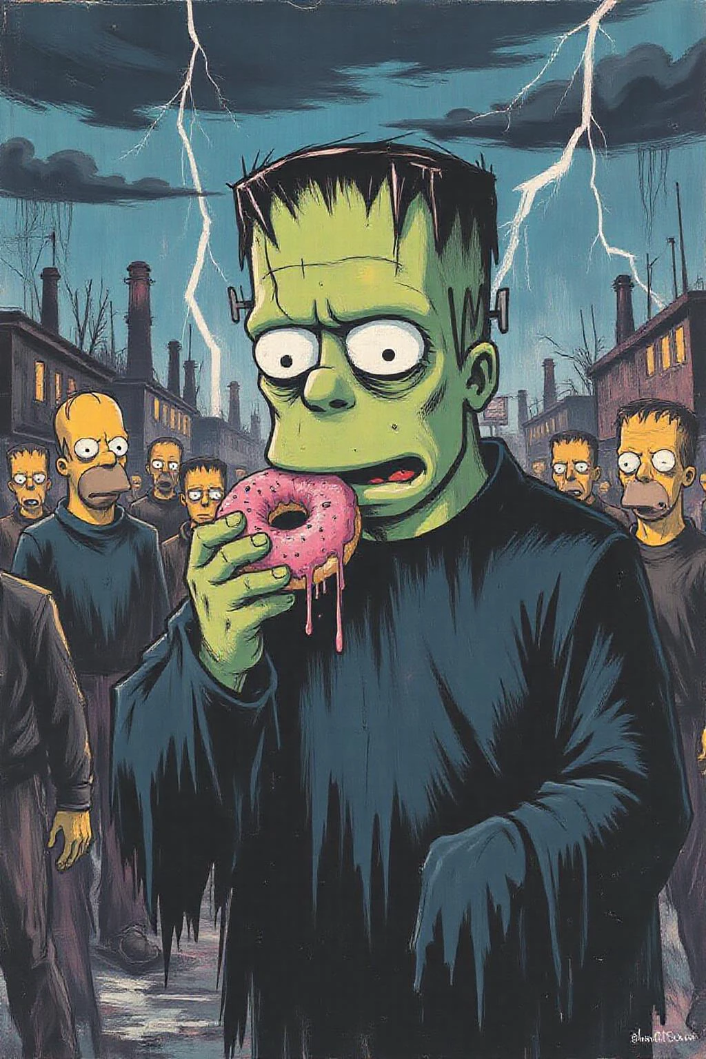 apoca1 illustration. 
Close up of  Homer Simpson dressed as Frankenstein, eating a doughnut during a thunderstorm  <lora:apocalypse_now1_fl_d4a2:1.0> <lora:Flux-Sch-SingleBlocks-BF16:1.0><lora:802369461056254372:0>