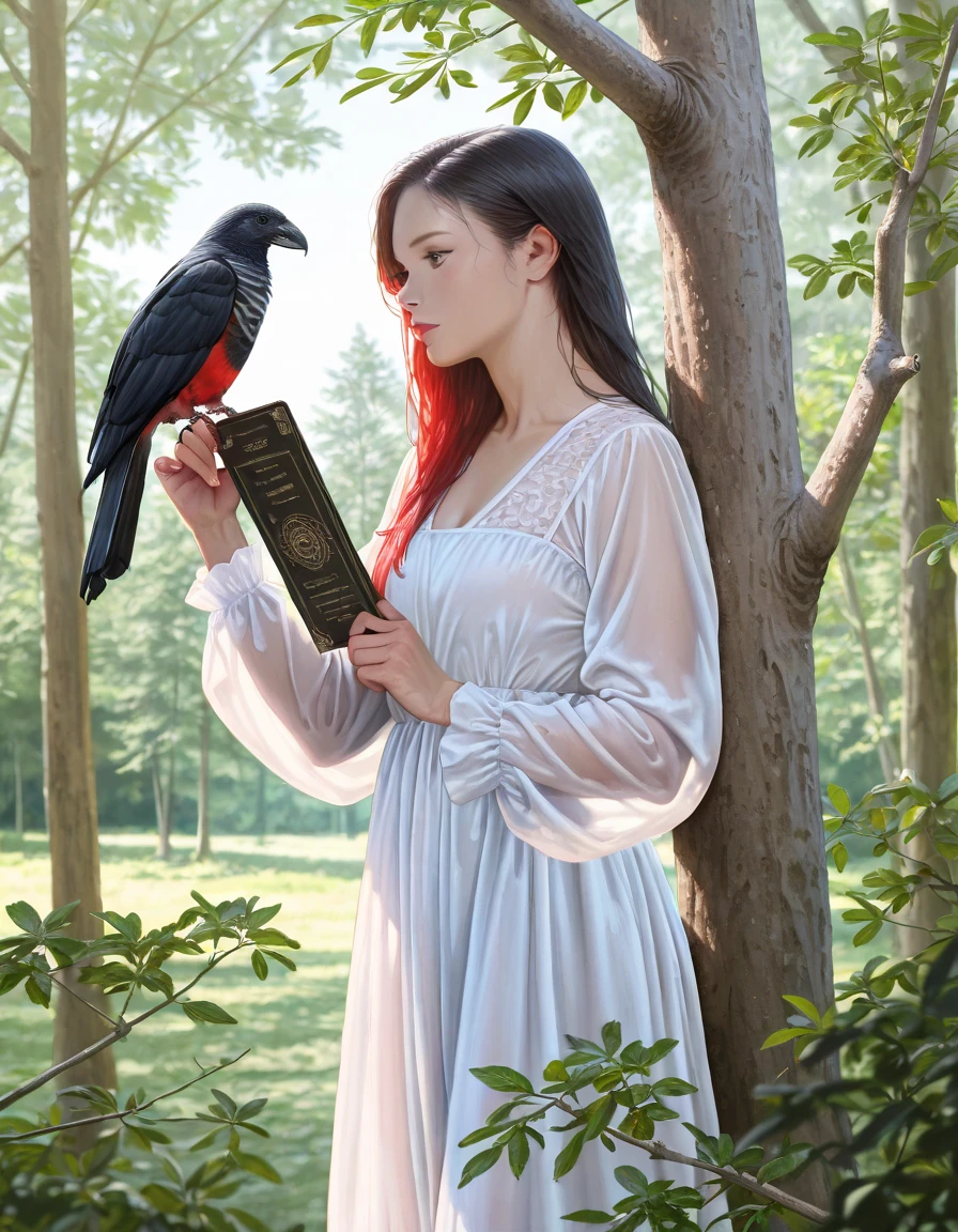 1girl, long white gown, holding hud_pesquetsparrot, bird, branch, tree, outdoors, day, <lora:hud_pesquetsparrot_illust:0.8> very aesthetic, best quality, absurdres, masterpiece, best quality, amazing quality, depth of field, high-resolution, high definition, candid, realistic, photorealistic . octane render, highly detailed, volumetric, dramatic lighting