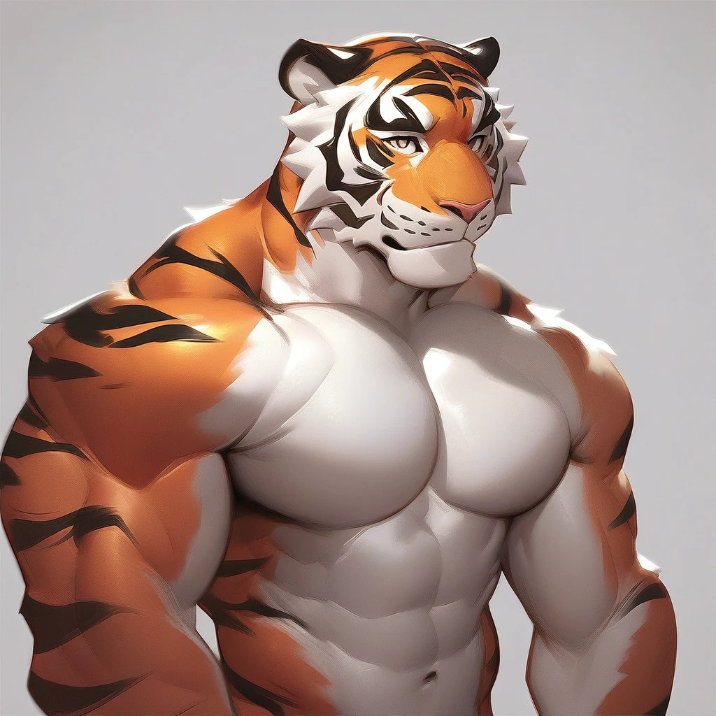 source_furry, score_9, score_8_up, score_7_up, 1boy, solo, portrait, tiger, furry, anthro, muscles, muscular, bodybuilder, line art, flat color,