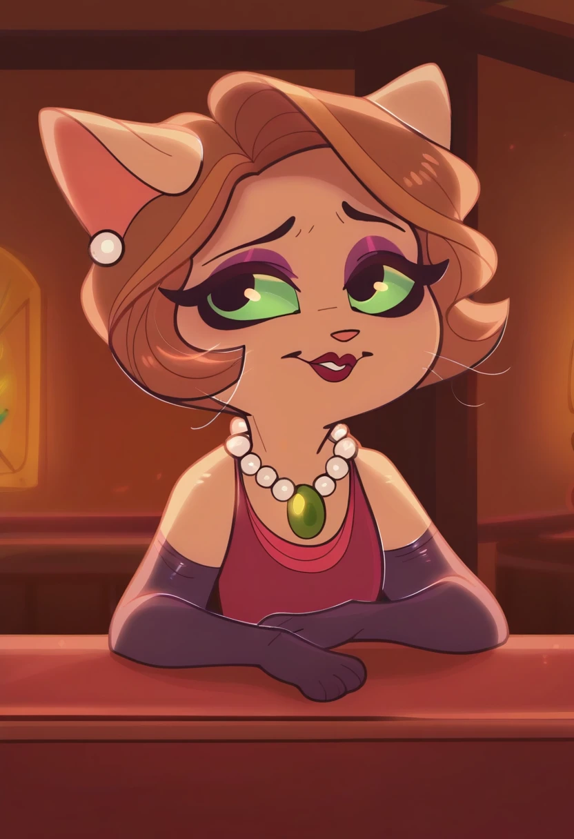 zPDXL, score_9_up, score_8_up,_7_up, score_6_up, score_5_up, score_4_up ,source_cartoon, best quality, amazing quality, detailed background, masterpiece, 1girl, looking at viewer, solo, room, christmas decorations, christmas lights, huge filesize, blurry background, close, upper body, bar, sitting at the bar counter, smile, cute, adorable, mitzi may, cat girl, cat ears, light green eyes, light-brown fur, brown hair, bushy tail, red lipstick, purple eyeshadow, red dress, black gloves, pearl earrings, pearl necklace with emerald, black high heels, <lora:MitziMay:0.8>, dimwitdog, <lora:dimwitdog:1>