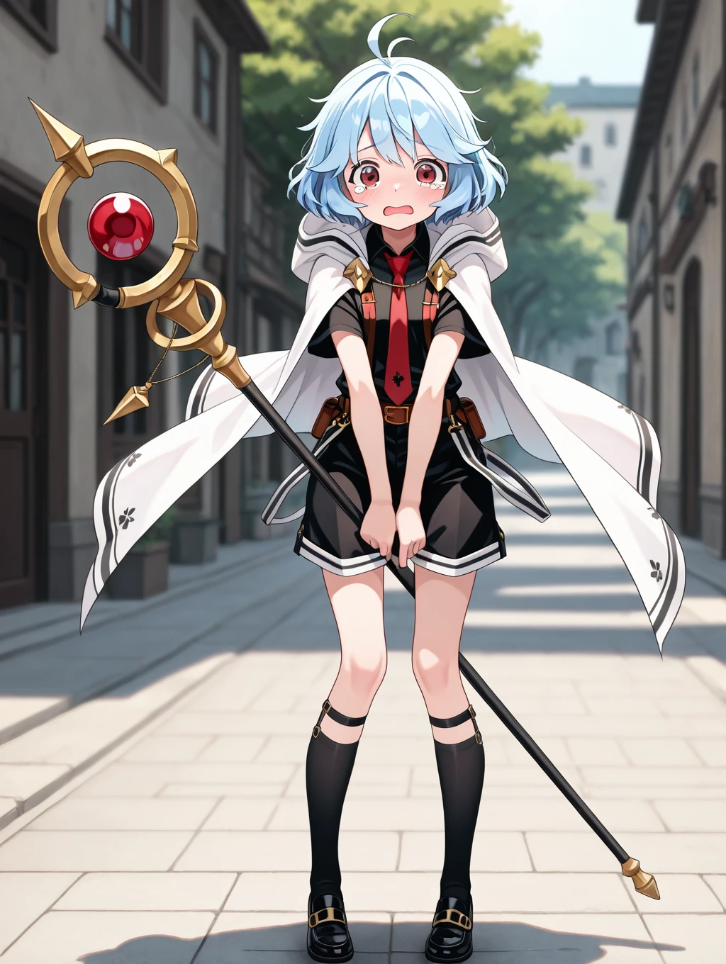 hannah, 1girl, solo, looking at viewer, blush, short hair, open mouth, shirt, red eyes, holding, blue hair, standing, full body, ahoge, short sleeves, necktie, horns, shoes, shorts, socks, belt, tears, hood, black skirt, cape, black footwear, kneehighs, black shirt, suspenders, hood down, red necktie, staff, black socks, cloak, v arms, holding staff, white cape, legwear garter

masterpiece, best quality,amazing quality, very aesthetic, absurdres, depth of field, blurry background, extremely detailed face, detailed eyes