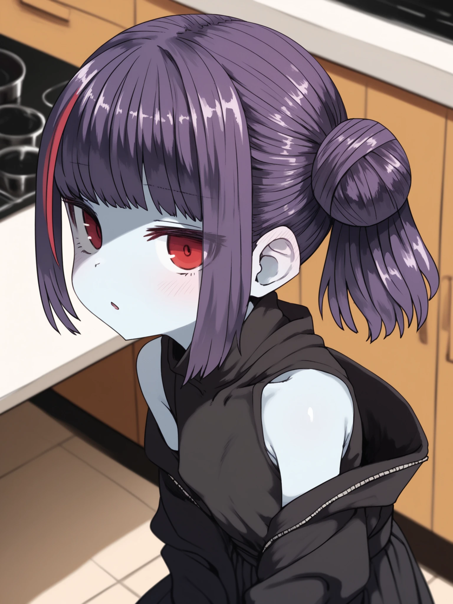 <lora:happy_tentacle-sumisifu-v0.4-000004:0.9>, ht_sumisifu, colored skin, blue skin, purple hair, red eyes, ofuda , raised eyebrows, indoors, kitchen cowboy shot, 1girl, (petite:1.2), solo focus, (looking at viewer:1.1), , (depth of field:0.8), from above, [(realistic, photorealistic:1.3):(realistic:1.3):24], [(3d:1.2)::10], <lora:LUUNA's Lunas-NijiJourney-SDXL-B2:0.5>, nijijourney, <lora:prgfrg23's Counterfeit-V3.0 Style SDXL_LoRA_Pony Diffusion V6 XL:0.3> <lora:Shed_The_Skin's StS_age_slider_v1_initial_release:-1.2>, score_9, score_8_up, score_7_up, score_6_up, score_5_up, score_4_up