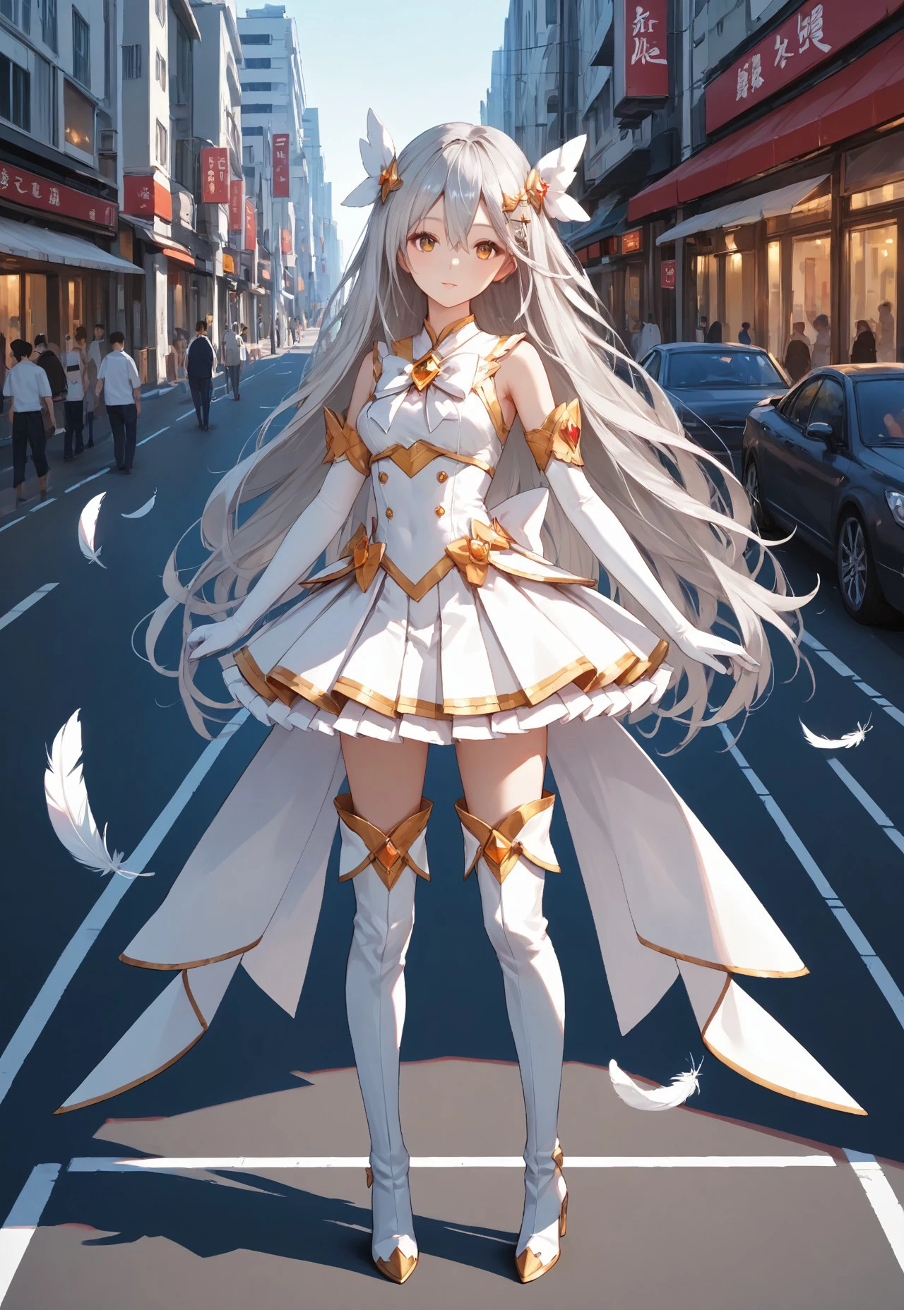 score_9, score_8_up, score_7_up, source_anime,
high quality, best quality, very intricate, high quality details, perfect details, best resolution, masterpiece, 
pureerosface_v1,

Magical Girl, Amber eyes, hair between eyes, Silver hair, long hair, hair clip, hair ornament, white feather, white top, golden brooch, white bow,  white skirt, pleated skirt, miniskirt, white back bow, large bow, elbow gloves, white gloves,  thigh boots, white boots,

Public Street, Japan,

(full body:1.2),