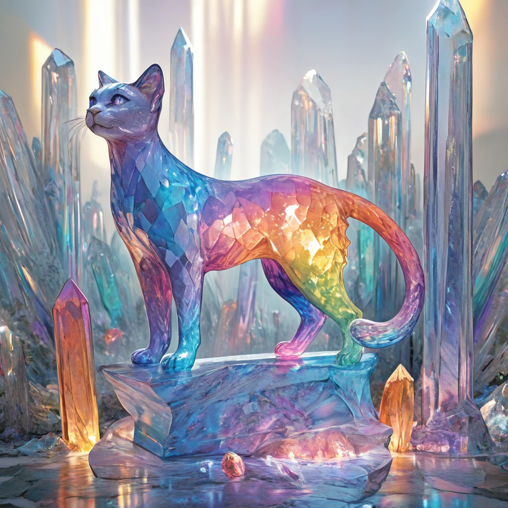 Crystaline_dimension,
 realistic, masterpiece, best quality, amazing quality, (very aesthetic:1.0), absurdres, newest, 
(colorful, color gradient, cover:1.2), realistic,
scenery, crystal cat statue,
,masterpiece, best quality, amazing quality, very aesthetic, absurdres,  newest, volumetric lighting,
, <lora:Crystaline_dimension_illustrious:0.8>,