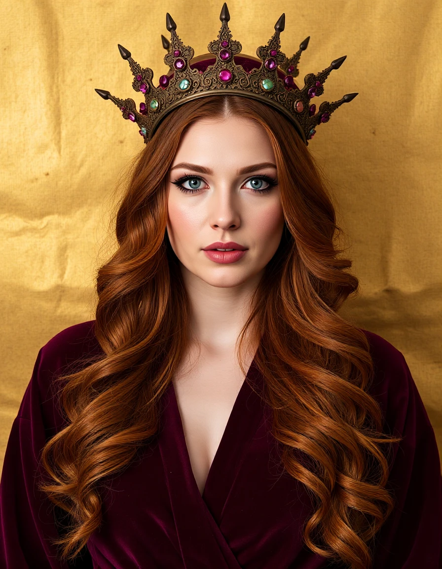 portrait of a regal woman with long, wavy auburn hair draped over her shoulders. She has a fair complexion with striking green eyes and full lips painted a deep burgundy. Her expression is serene, with a touch of melancholy. She is dressed in a luxurious velvet robe in a rich burgundy shade that complements her hair. Adorning her head is an ornate halo-like headpiece, radiating spikes embellished with intricate filigree patterns and embedded with an array of gemstones that catch the light. The background should be a textured, old gold leaf wall that adds an antique charm to the composition, making the subject appear as if she is a part of a Renaissance painting, raw,realistic