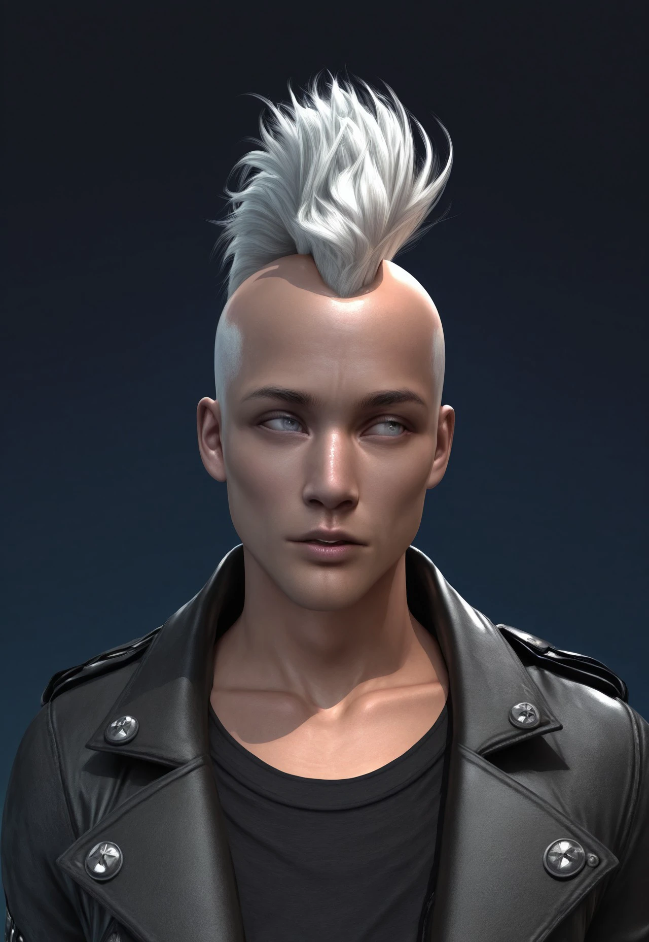 absurdres, masterpiece, best quality, Vdiff1_dskfll, solo, white hair, jacket, mohawk, blue background, black shirt, white eyes, male focus, shirt, realistic, gradient background, upper body, parted lips, lips, grey eyes, 1boy, gradient, open jacket, open clothes, nose, 1boy, male focus, short hair, looking to the side, leather jacket