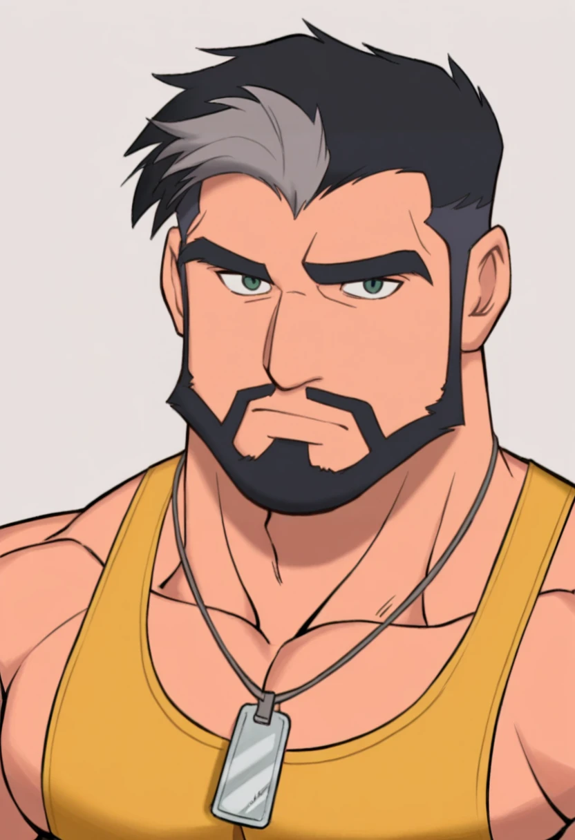 grey hair, black hair, facial hair, beard, short hair, 1boy, solo, yellow tank top, tank top, upper body, two-tone hair, muscular male, closed mouth, dog tag, mature male, upper body, masterpiece, best quality, highly detailed, looking at viewer,  <lora:Disney_Renaissance_IL-08:1>