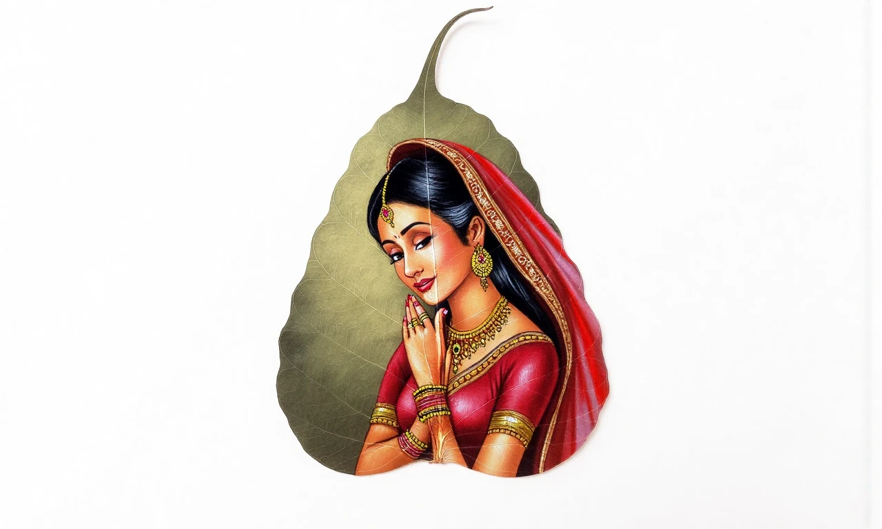 peplatr , A serene portrait of a young woman painted on a large leaf.  The woman's features are delicate and detailed, with dark eyes, a gentle smile, and a tranquil expression of thoughtful contemplation. Her skin is depicted with warm, earthy tones contrasting with the rich, deep red and gold of her traditional Indian attire. The intricate details of her jewelry, including large earrings with detailed designs, and bracelets are rendered with meticulous precision on the veined surface of the leaf. The leaf's natural texture and structure are visible beneath the artistry, creating a captivating amalgamation of natural and artistic elements.  The subject is adorned in a red, ornate head covering that beautifully blends with the leaf's natural shapes.  The  background is a plain, bright white, complementing the overall elegance of the artwork. The style is reminiscent of traditional Indian miniature painting, with a focus on detail and a graceful composition.  The soft lighting and muted color palette evoke a sense of quiet contemplation and cultural heritage. The perspective is a full-frontal view, focused directly on the subject, with an emphasis on her peaceful expression. The artwork is done on a fig leaf, using vibrant colors and tiny, precise brushstrokes.  Natural tones of the leaf form a sophisticated backdrop.  The piece demonstrates intricate artistry and skillful interpretation of Indian miniature painting techniques in the style of nature, utilizing a neutral color palette.   The overall mood is serene and meditative, conveying a sense of cultural identity and artistic mastery.
