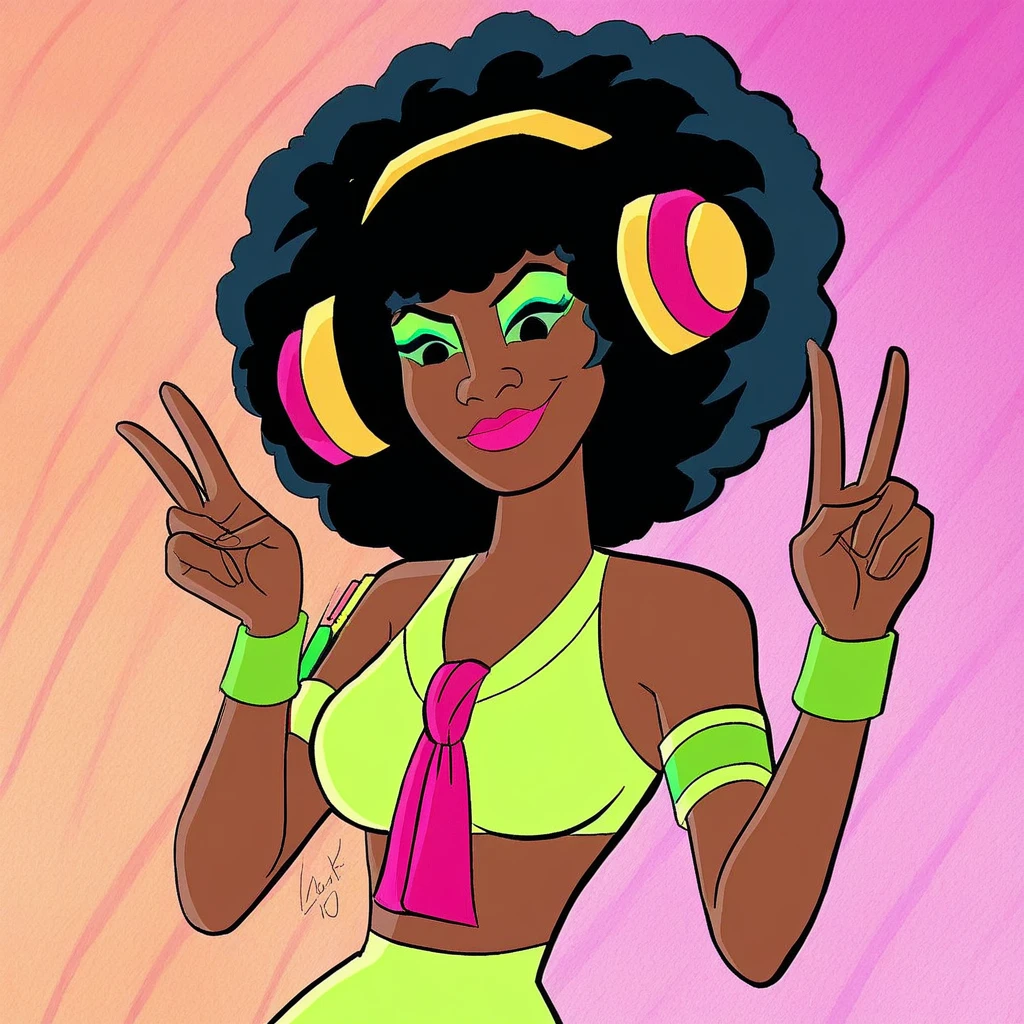 1girl, solo, Angel_Dynamite, dark skin, ebony, ebony female, dark-skinned female, big hair, black hair, afro, yellow headphones, wearing headphones, hot pink lips, green eyeshadow, hot pink tie, green tank top, green tights, midriff, bell bottoms pants, armlet, wristband, sleeveless, bare shoulders, v, view from below, upper body, close up, smug expression