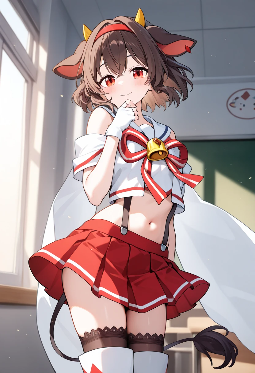 1girl,solo,holmy_(show_by_rock!!),<lora:holmyil:0.9>,red eyes,short hair,horns,cow ears,cow tail,brown hair,hairband,sailor collar,white cape,diamond_(shape),suspenders,crop top,pleated skirt,red skirt,thighhighs,white fingerless gloves,bow,thigh boots,classroom,window,hand on own chin,smile,standing,cowboy_shot,looking_at_viewer,masterpiece,best quality,good quality,newest,incredibly absurdres,wind,