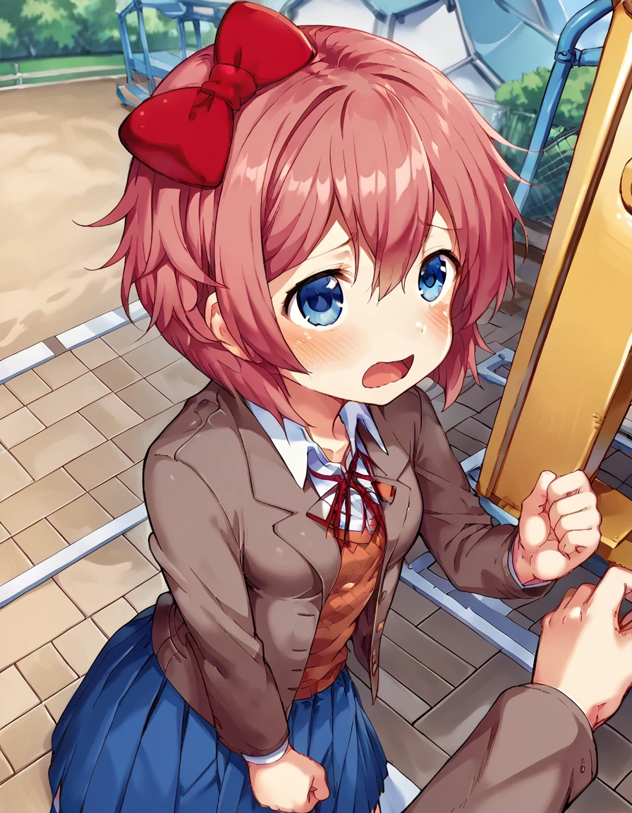 score_9, score_8_up, score_7_up, source_anime, <lora:ddlc-sayori-ingame-ponyxl-lora-nochekaiser:1>, sayori, blue eyes, hair between eyes, hair bow, hair ornament, pink hair, red bow, short hair,, blue skirt, pleated skirt, school uniform, skirt, brown jacket, jacket,, playground, swings, slides, children, outdoors, , <lora:breast-press-pov-ponyxl-lora-nochekaiser:1>, breast press pov, breast press, pov, from above, clenched hands, blush, looking up, open mouth, embarrassed, cowboy shot, looking at viewer, solo,, dutch angle, cowboy shot