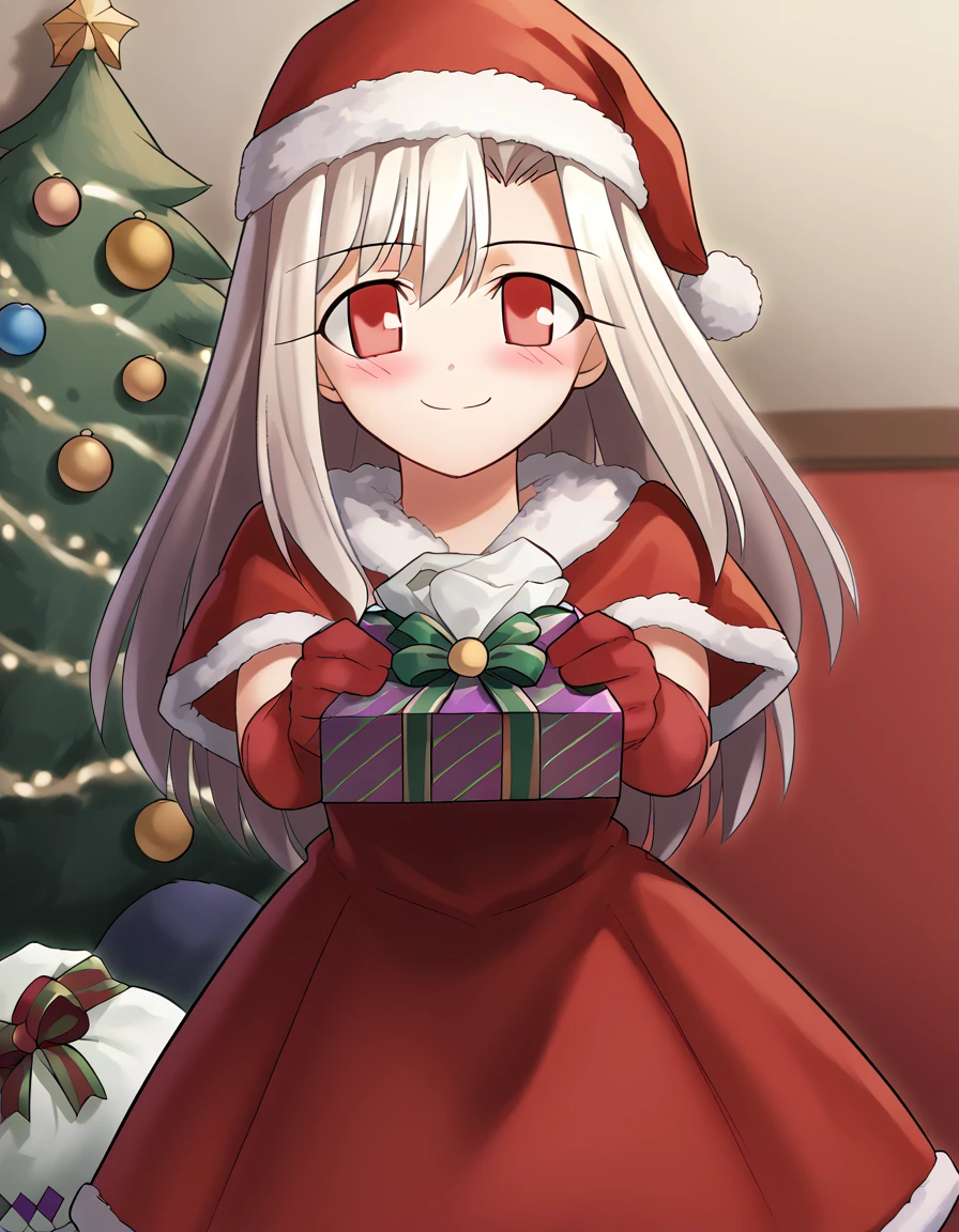 score_9, score_8_up, score_7_up, source_anime, <lora:illyasviel-von-einzbern-ingame-ponyxl-lora-nochekaiser:1>, illyasviel von einzbern, long hair, red eyes, white hair,, <lora:santa-costume-ponyxl-lora-nochekaiser:1>, santa costume, santa hat, christmas, sack, merry christmas, gift, fur-trimmed headwear, holding sack, santa dress, fur-trimmed dress, christmas tree, christmas tree, fur trim, red capelet, gift box, red gloves, fur-trimmed capelet, santa gloves, red hat, hat,, smile, blush, looking at viewer, <lora:incoming-gift-ponyxl-lora-nochekaiser:1>, incoming gift, outstretched arms, holding, holding gift, gift, gift box,, , dutch angle, cowboy shot