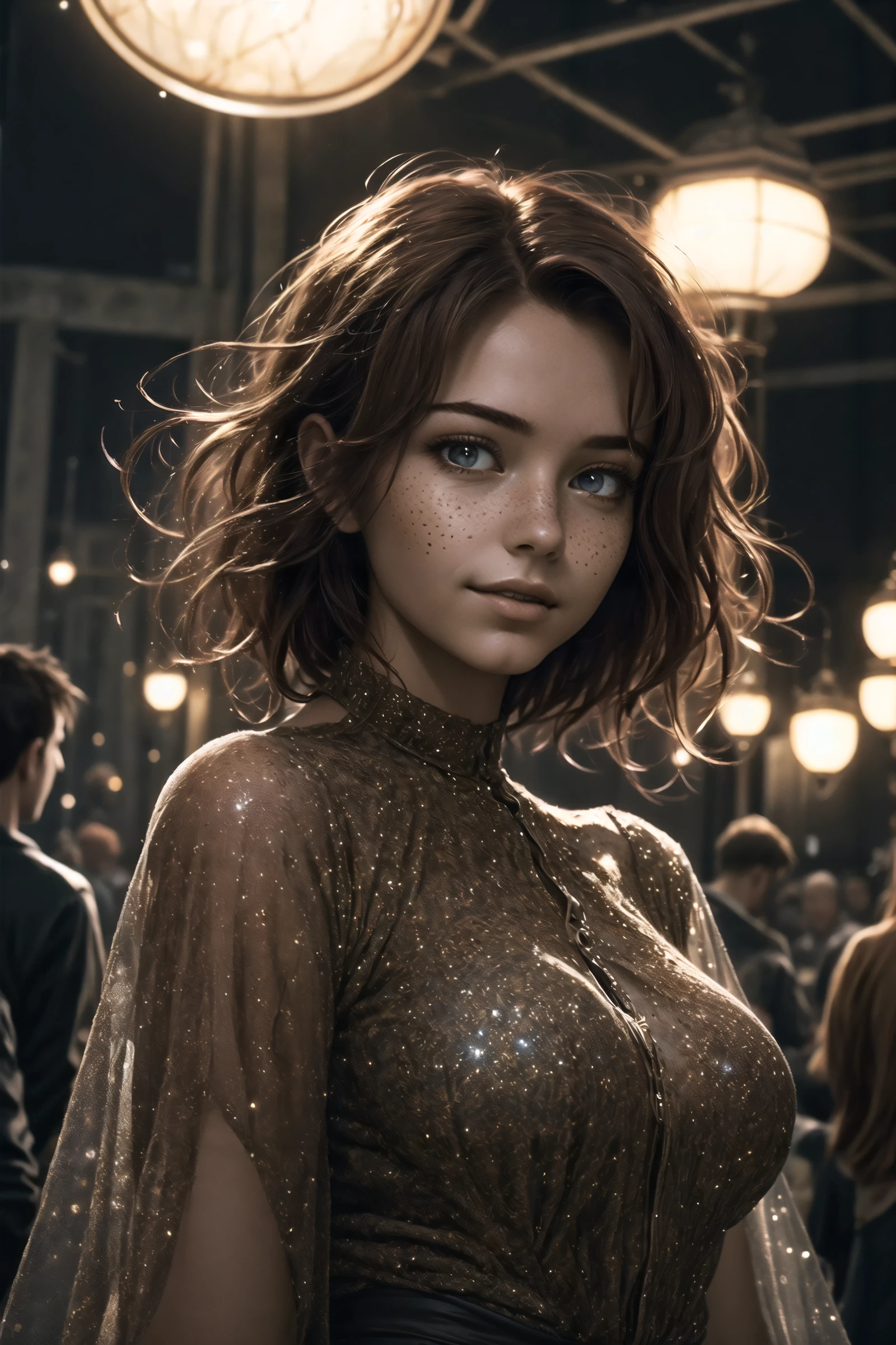 (masterpiece),(best quality),(extremely intricate),(sharp focus),(cinematic lighting),(extremely detailed), (digital art),,magic realism art by Jeffrey Smith and Ronald Wimberly, Illustration, 1girl, solo, brown hair, smile, brown eyes, upper body, blurry, lips, blurry background, freckles, hands up, extremely stylish, beautiful detailed, highly detailed, dynamic dramatic beautiful full taking, dynamic cinematic perfect background, imposing, Fantasy art, detailed environments, epic storytelling, Graphic novels, dynamic, experimental storytelling,pg-13,