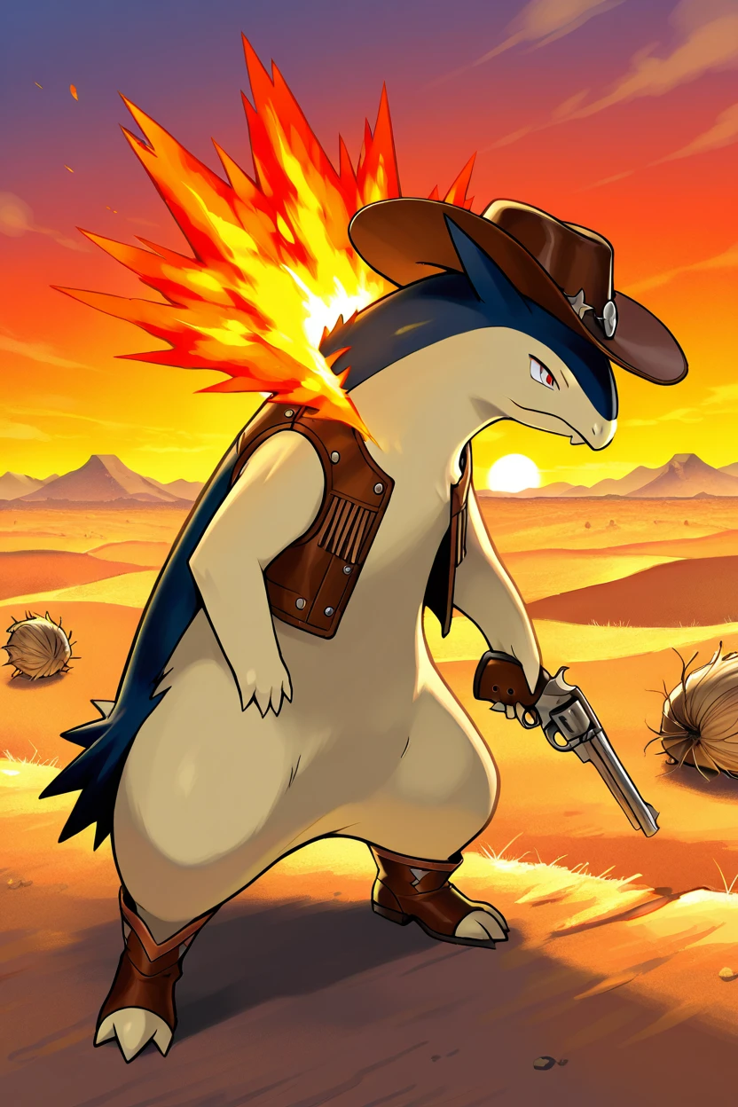 masterpiece, best quality,   no humans, pokemon (creature), fire,  <lora:TyphlosionPokedexIXL:1.0>,   Western, zzTyphlosion wearing cowboy hat, boots, leather vest, dusty road, saloon, revolver, sunset, rugged landscape, desert town, tumbleweed