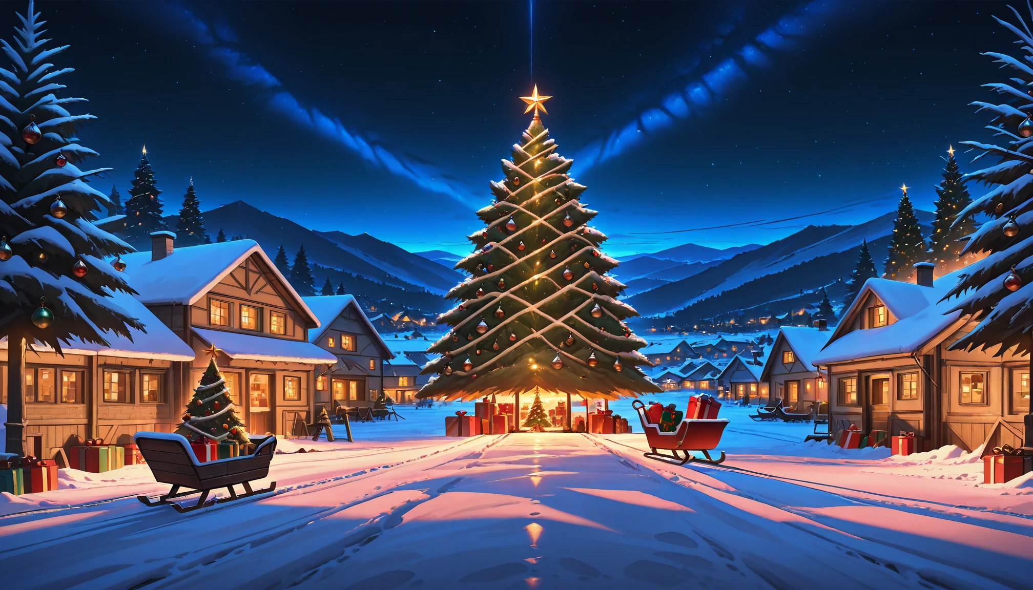 masterpiece,best quality,amazing quality,  <lora:Christmas_village:0.7> chviba, scenery, christmas, christmas ornaments, christmas tree, outdoors, village, gift box, sled, night sky