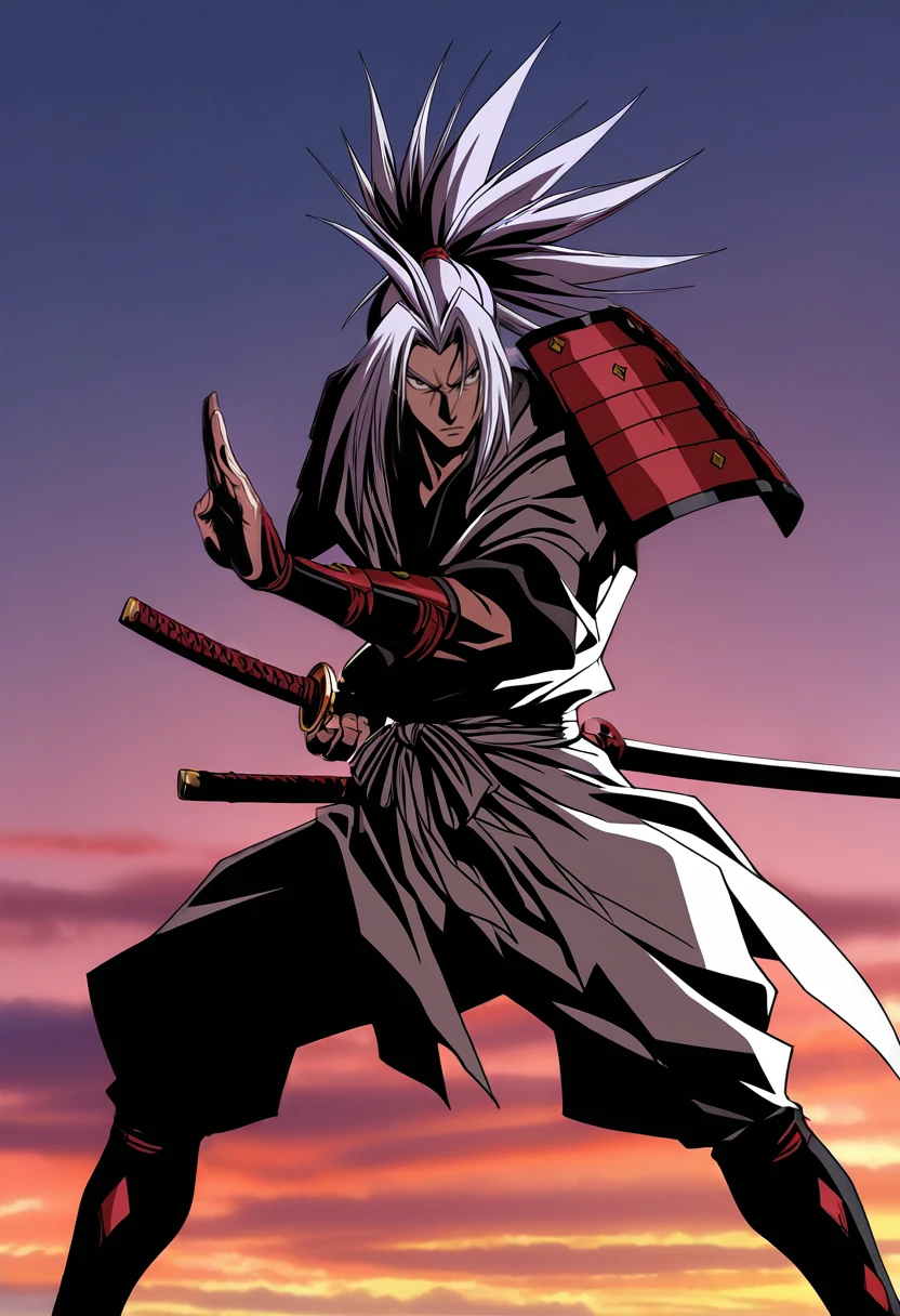 masterpiece, best quality, vibrant, very aesthetic, high contrast, anime, newest, 2000s \(style\), 1boy, <lora:Amidamaru_Shaman_King_ILLU:0.75> amdmr_shkg, shoulder armor, katana, fighting stance, sky background, masterwork, raytracing, highly detailed, absurdres, masterful composition, cinematic lighting, rim lighting