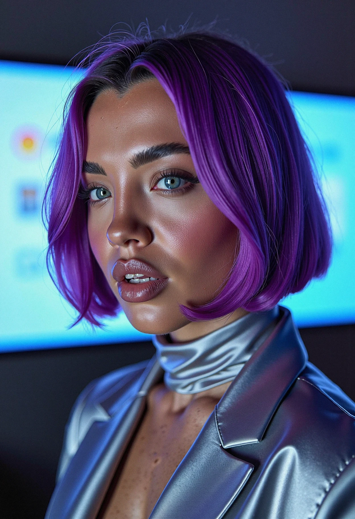 A woman at a tech startup launch event, projecting futuristic style. Her asymmetrical bob is dyed in a striking electric violet from roots to tips, with a subtle, glossy sheen that catches the light. The smooth, angled cut gives the vivid color a refined, modern look. Sheâs wearing a high-necked, metallic blazer with minimalist, dewy makeup. The background hints at sleek, high-tech displays. Cool, blue lighting creates a high-tech ambiance, accentuating the shine of her violet hair and her confident, forward-looking gaze. <lora:TammyHembrowV1_7_Flux:1>