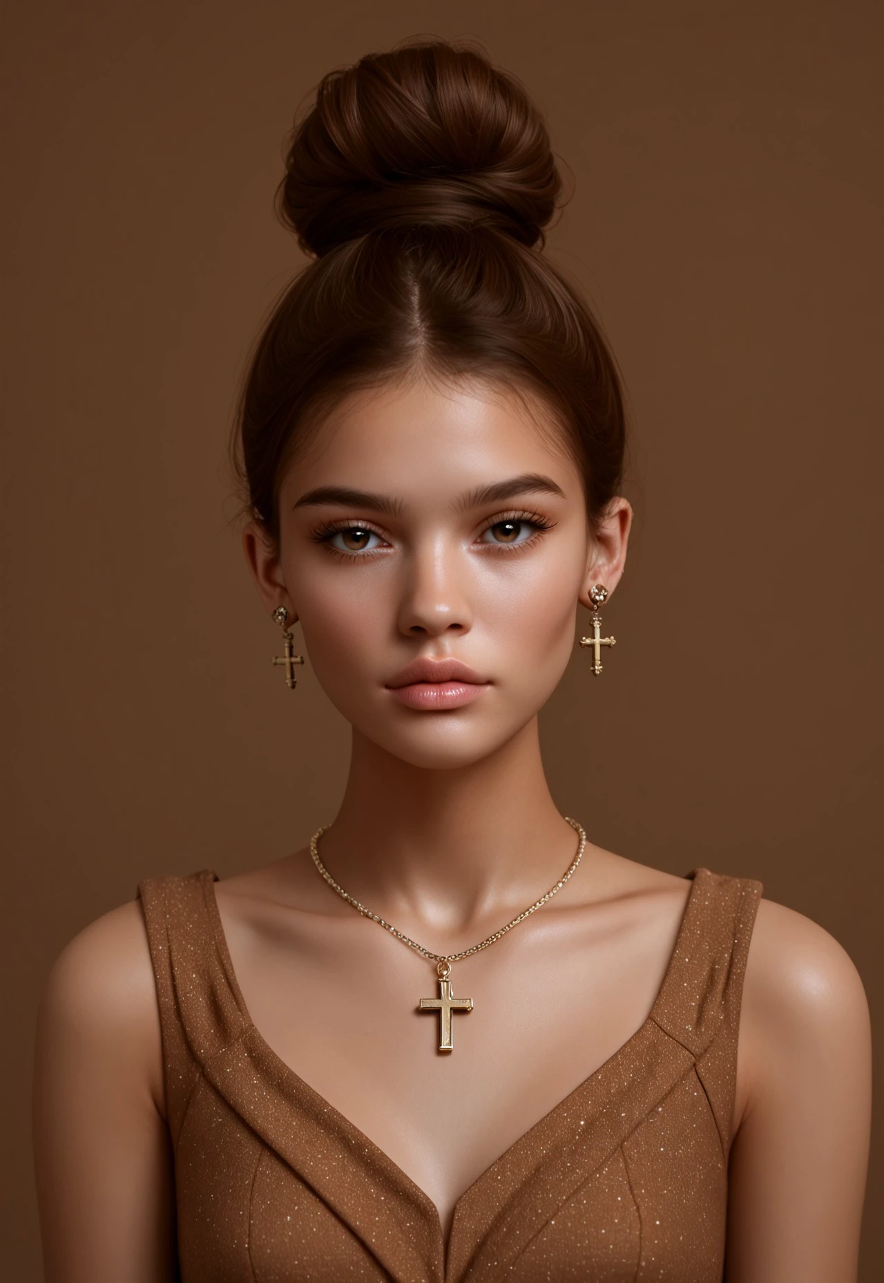 score_9, score_8_up, score_7_up, score_6_up, score_5_up, score_4_up BREAK Vdiff1_dskfll, 1girl, jewelry, solo, necklace, earrings, brown hair, lips, realistic, hair bun, cross, looking at viewer, single hair bun, brown background, simple background, portrait, dress