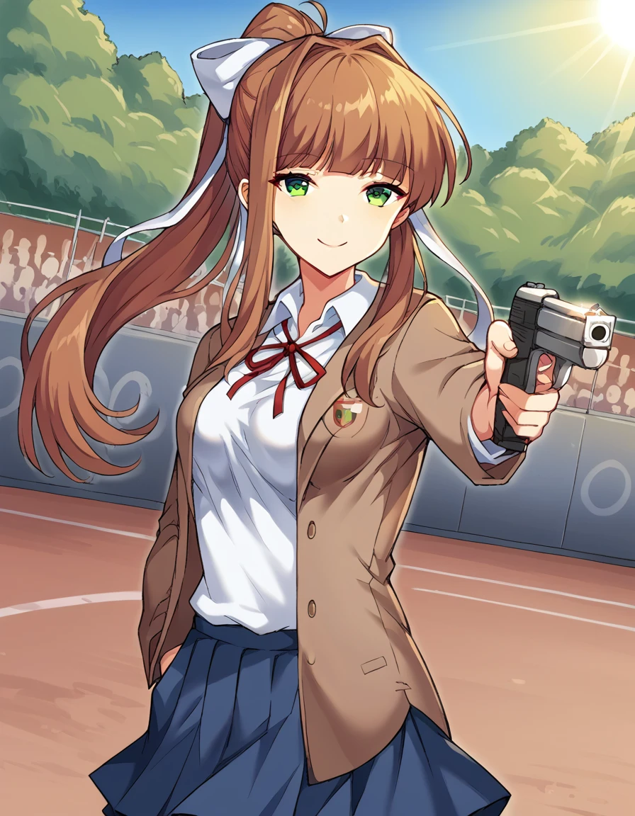 score_9, score_8_up, score_7_up, source_anime, <lora:ddlc-monika-ingame-ponyxl-lora-nochekaiser:1>, monika, blunt bangs, brown hair, green eyes, long hair, ponytail, ribbon, white ribbon, hair ribbon, sidelocks, medium breasts,, black thighhighs, blue skirt, brown jacket, jacket, long sleeves, over-kneehighs, pleated skirt, school uniform, skirt, thighhighs, zettai ryouiki,, Outdoors, nature, scenery, open space, sunlight, smile, <lora:yusuf-dikec-ponyxl-lora-nochekaiser:1> yusuf dikec, yusuf dikec (meme), meme, hand in pocket, handgun, holding gun, gun, shirt, t-shirt, pants, audience, cowboy shot,, looking at viewer, solo,, dutch angle, cowboy shot