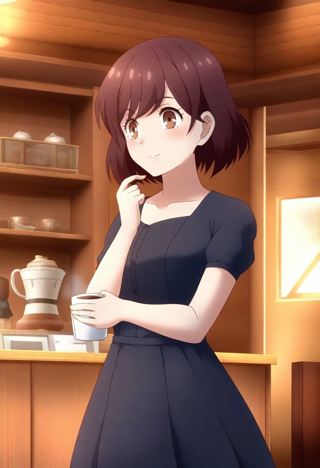 <lora:Rae Taylor - [Watashi no Oshi wa Akuyaku Reijou] - illustriousXL v1:1>, sysdeep_rae, brown hair, brown eyes, short hair, solo Boutique cafe interior, fitted dress, holding a cappuccino, soft lighting, style parody