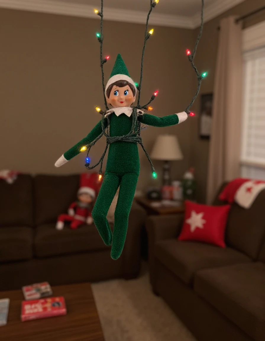 Elf-on-the-shelf girl in a green velvet outfit, ziplining across a living room on a strand of Christmas lights, tiny action figure strapped to her back like a parachute, dynamic pose <lora:elf-on-the-shelf_v71-000030:1>