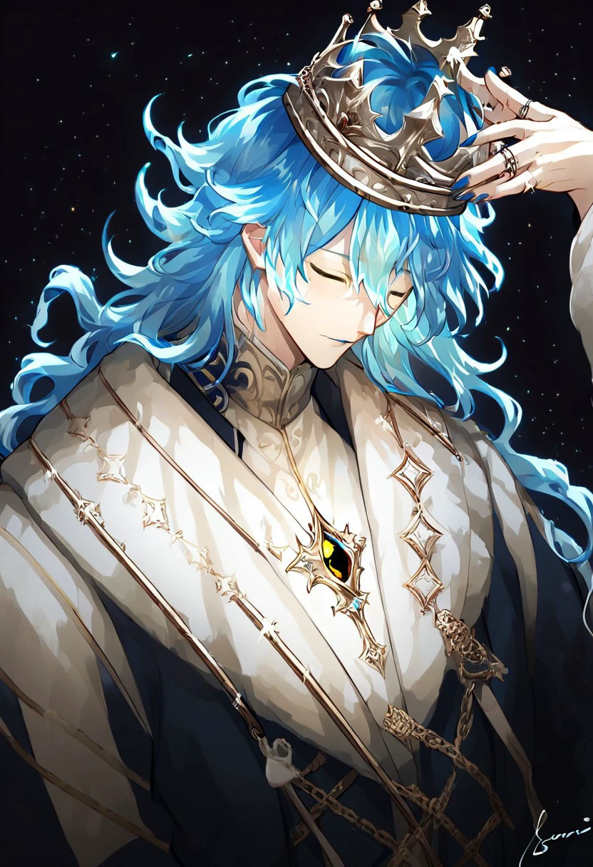 score_9, score_8_up, source_anime, highly detailed, highly detailed eyes,Solo, solo focus, crown, blue nails, upper body, solo, male focus, closed eyes, ring,blue hair, long hair, yellow eyes, glowing fire hair