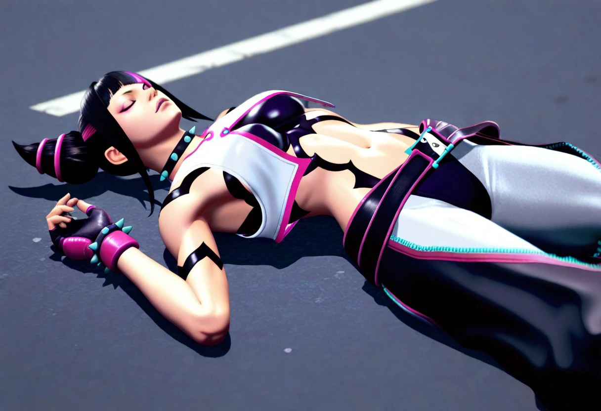 masterpiece, best quality, 32k, high resolution, absurdres, han juri, 3D, sleeping, defeat, lying, street