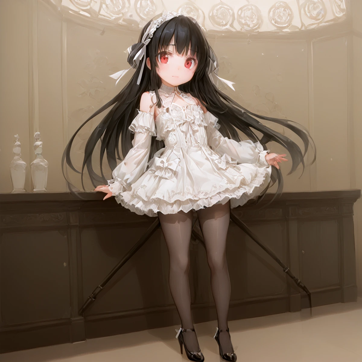Score up 9, Score up 8, Score up 7, hachiroku, white lace dress, full body, hair ribbon, standing, bare legs, high heels,, pantyhose, pole color,red eyes, black hair, <lora:8620_PonyXL_test_13-000060:0.8>