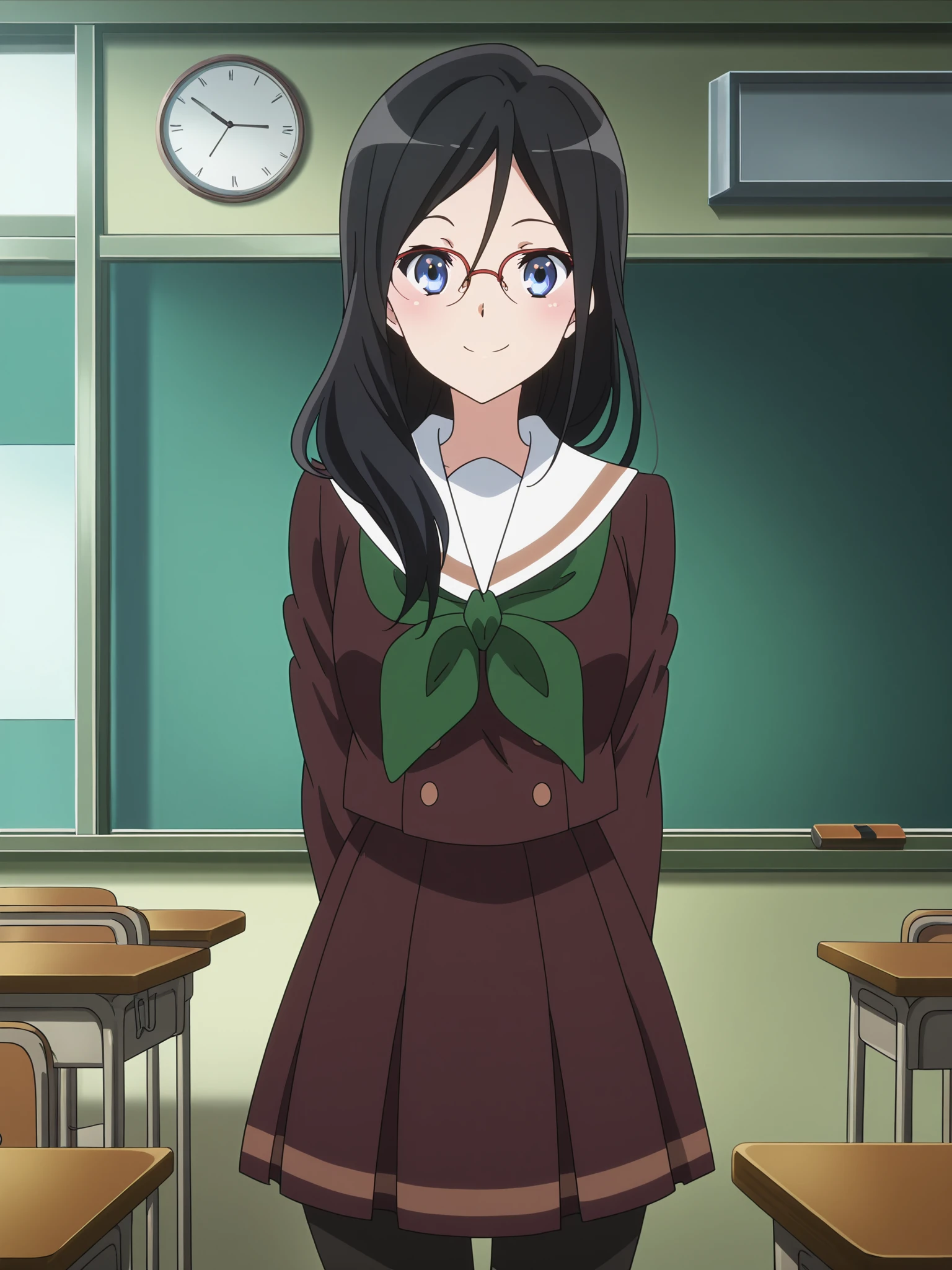 masterpiece, best quality, detailed background, anime screencap, anime coloring, detailed face,
in a classroom,
<lora:Asuka_Tanaka_Sound_Euphonium_-_Illustrious:.8>, black hair, long hair, blue eyes, glasses, red-framed eyewear, Asuka brown school uniform, Kitauji High School Uniform, green neckerchief, pantyhose, skirt,serafuku, shoes
1girl, solo, looking at the viewer, cowboy shot, big smile, mouth open