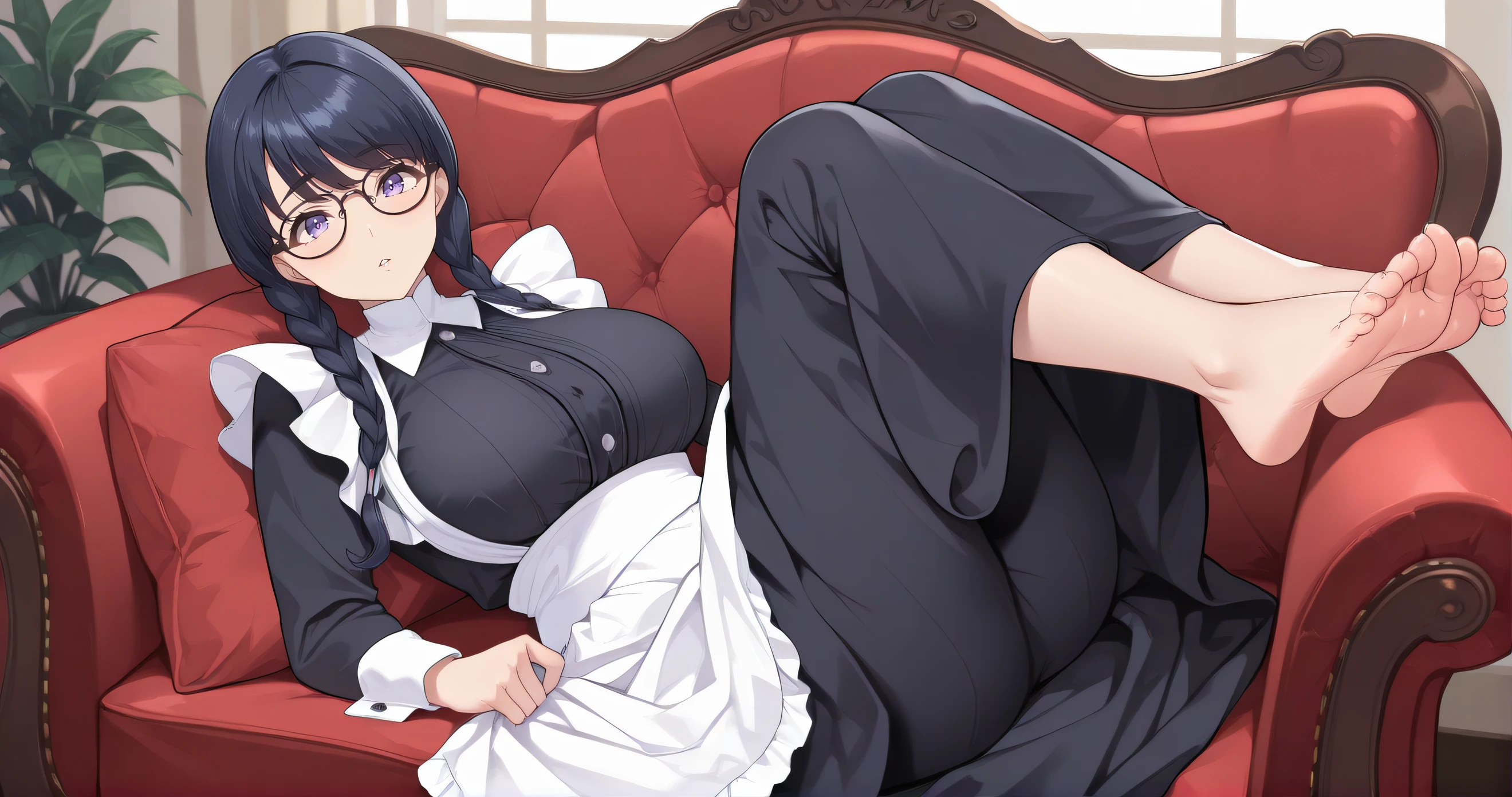 masterpiece, best quality, highres, newest, scenary, 1girl, official style, <lora:Takahara_Ren:1>, takahararen, glasses, large breasts, long maid dress, buttoned, looking at viewer, parted lips, lying on couch, barefeet, feet focus, five toes