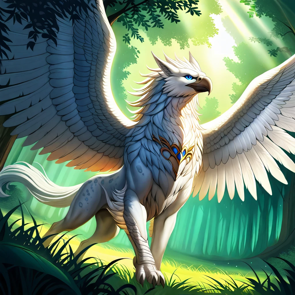 ethereal fantasy concept art of   <lora:hippogriffs, griffs - illustrious:1> hippogriffs, dark fantasy, dark art painting, hippogriff with silver feathers and chestnut fur, wings outstretched mid-takeoff, sunlit forest clearing, golden rays piercing through dense foliage, soft ambient light, dappled shadows, dynamic low-angle shot capturing motion, magical and natural environment . magnificent, celestial, ethereal, painterly, epic, majestic, magical, fantasy art, cover art, dreamy