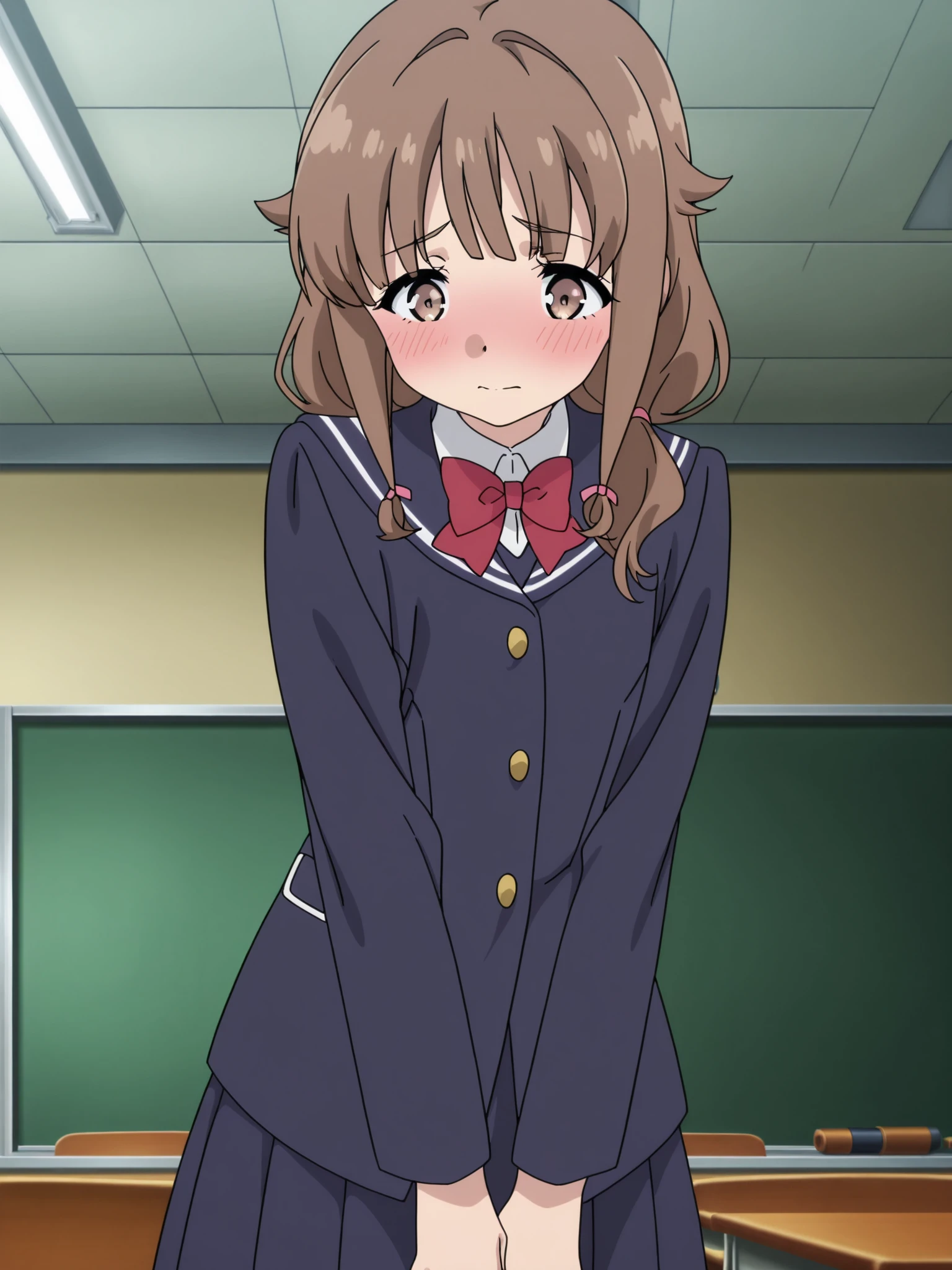 anime screencap,anime coloring, official style,
inside, detailed background, in a classroom,
 <lora:Kaede_Azusagawa_Rascal_Does_Not_Dream_of_Bunny_Girl_Senpai_-_Illustrious:.7>1girl, solo, Kaede Azusagawa, brown hair, twintails, bangs, brown eyes, hair flaps, â¢        Kaede school uniform outfit, school uniform, jacket, red bow, bowtie, pleated skirt, cowboy shot, embarrassed, blushing, cute girl, looking down, looking at the viewer