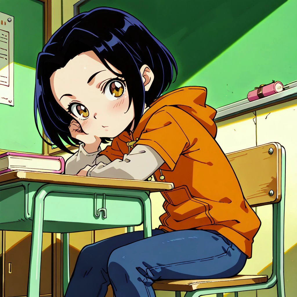 best quality, masterpiece, break, female child, solo, jade_jca, 1girl, black hair, short hair, brown eyes, hoodie, layered sleeves, jeans, sitting, classroom, head rest, book