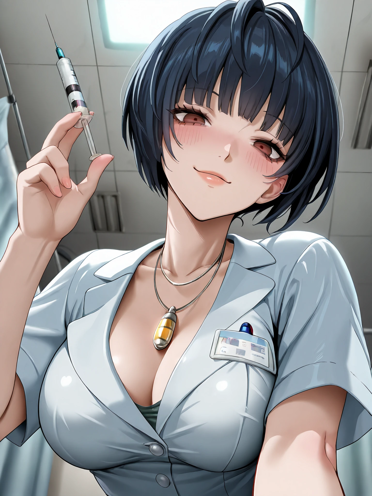 masterpiece, illustration, anime, CG, 4K, ultra-detailed, 
 <lora:TaeTakimeIllustV1-13:0.9>
1girl, solo, tae takemi, brown eyes, holding syringe, necklace, pendant, blush, seductive smile, yandere, looking at viewer, nurse uniform, from below,
hospital , ceiling,