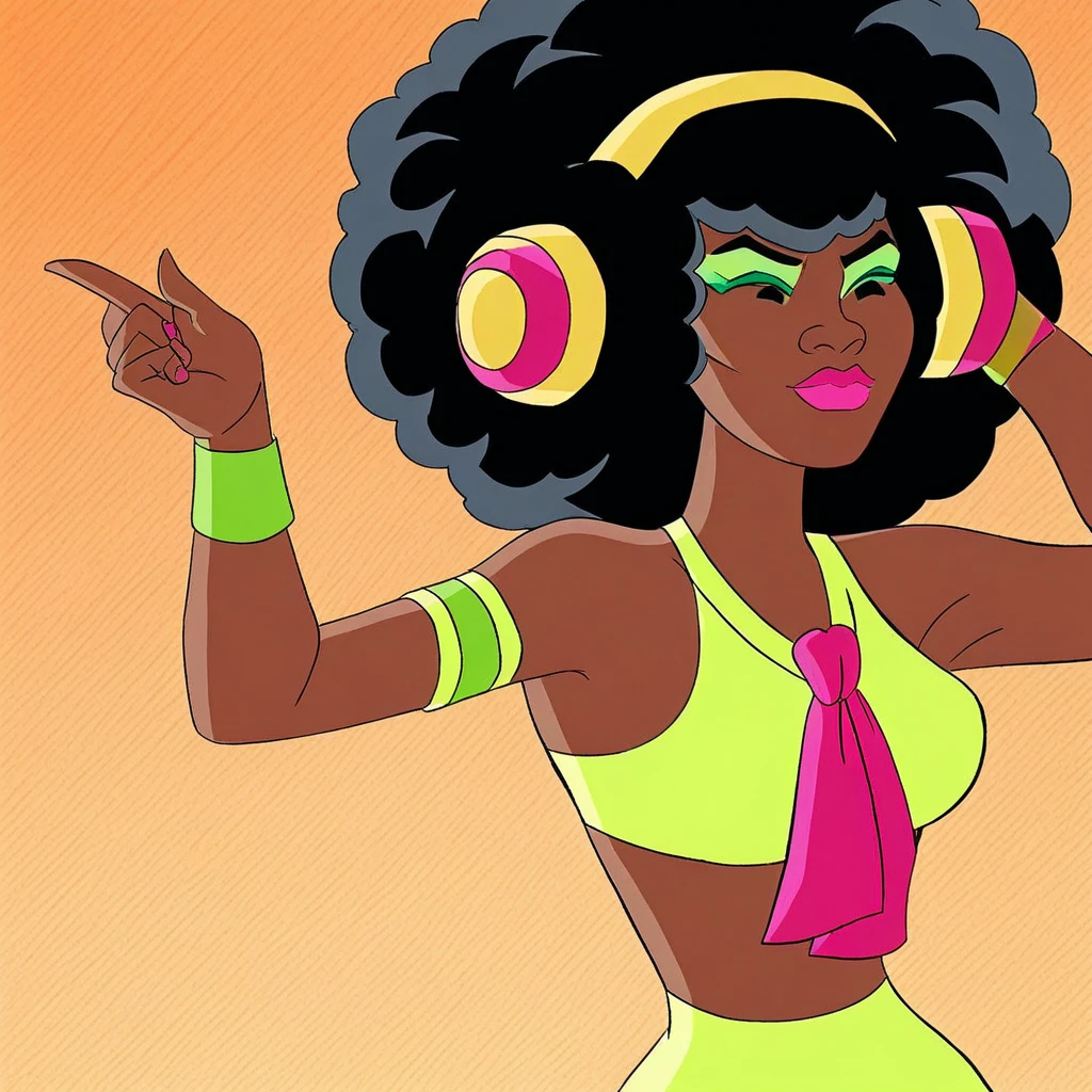 1girl, solo, Angel_Dynamite, dark skin, ebony, ebony female, dark-skinned female, big hair, black hair, afro, yellow headphones, wearing headphones, hot pink lips, green eyeshadow, hot pink tie, green tank top, green tights, midriff, bell bottoms pants, armlet, wristband, sleeveless, bare shoulders,