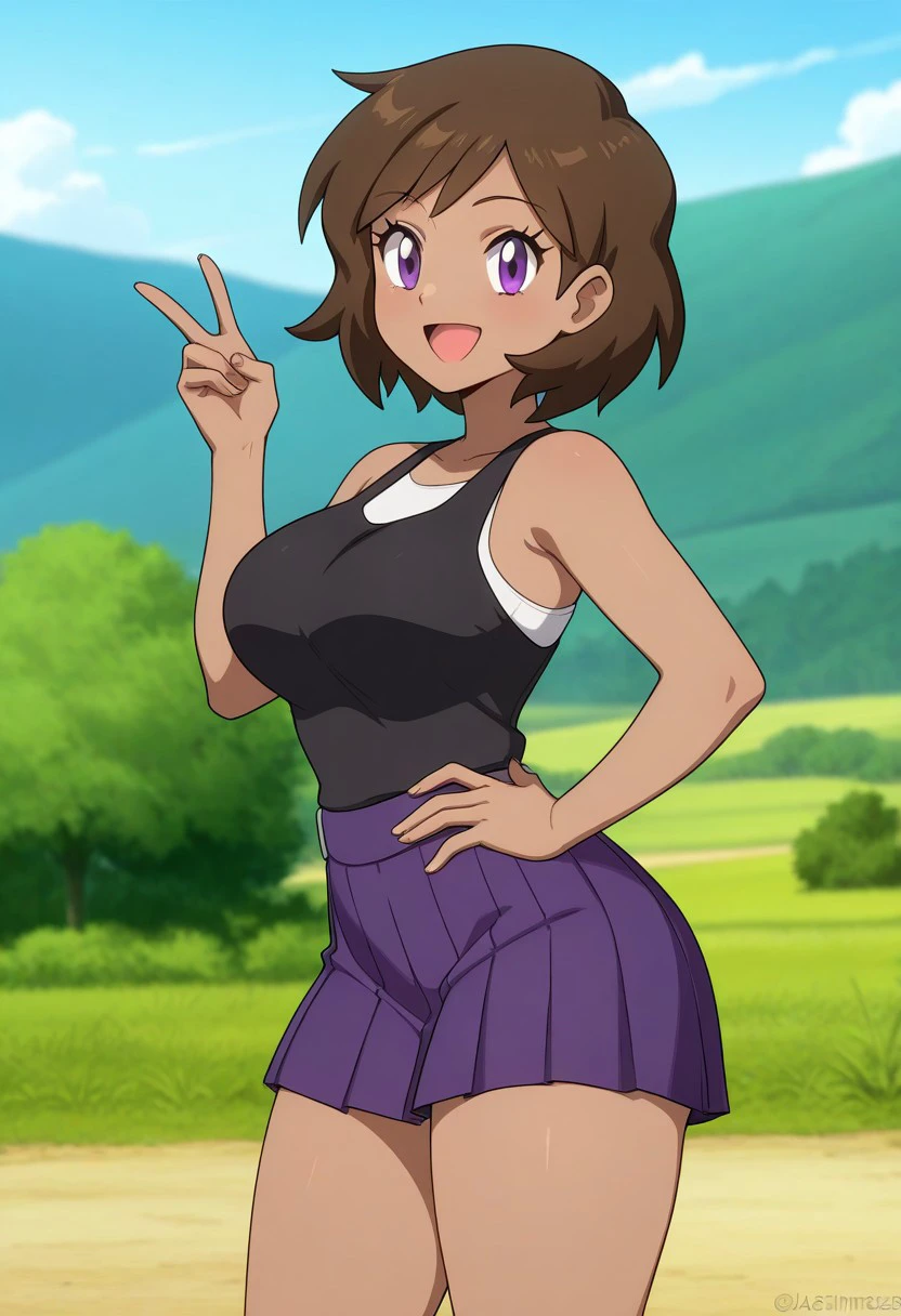 pokemon \(classic anime\), anime screencap, best quality, masterpiece, amazing quality, very aesthetic, absurdres, 
1girl, solo, side view, 
trainerjasmine, jasmineoutfit, 
dark-skinned female, purple eyes, brown hair, (large breasts:0.75), 
looking at viewer, smile, hand on hip, peace sign, open mouth, 
outdoors,