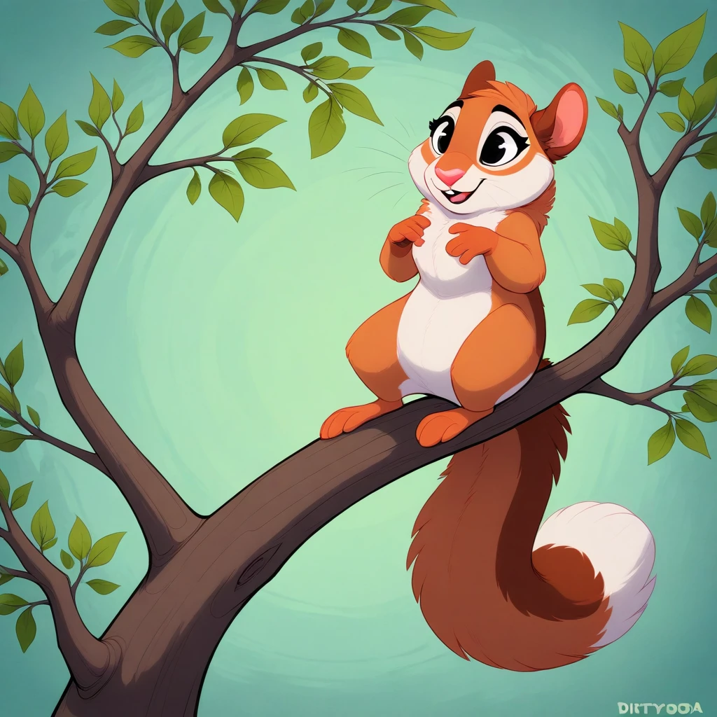 sciurid, tree, mammal, solo, in tree, plant, branch, tree squirrel, on branch, rodent, feral, fur, ambiguous gender, brown body, brown fur, digital media \(artwork\), outside, leaf, female, feet, toes, tail, white body, pink nose, orange body, smile, multicolored body, fluffy, white fur, orange fur, nude, open mouth, dirtysoda <lora:dirtysoda_1.0noob:1>