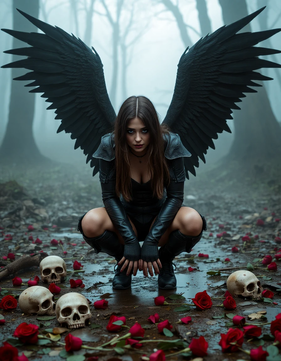 photo of a sad female fallen angel with black wings in a foggy swamp,light leather armor,squatting,looking at viewer,skulls and red roses on ground,bright blue eyes,vibrant colors,intricate,soft lighting,high quality,film grain,sharp focus,Luis Royo style,Black and color