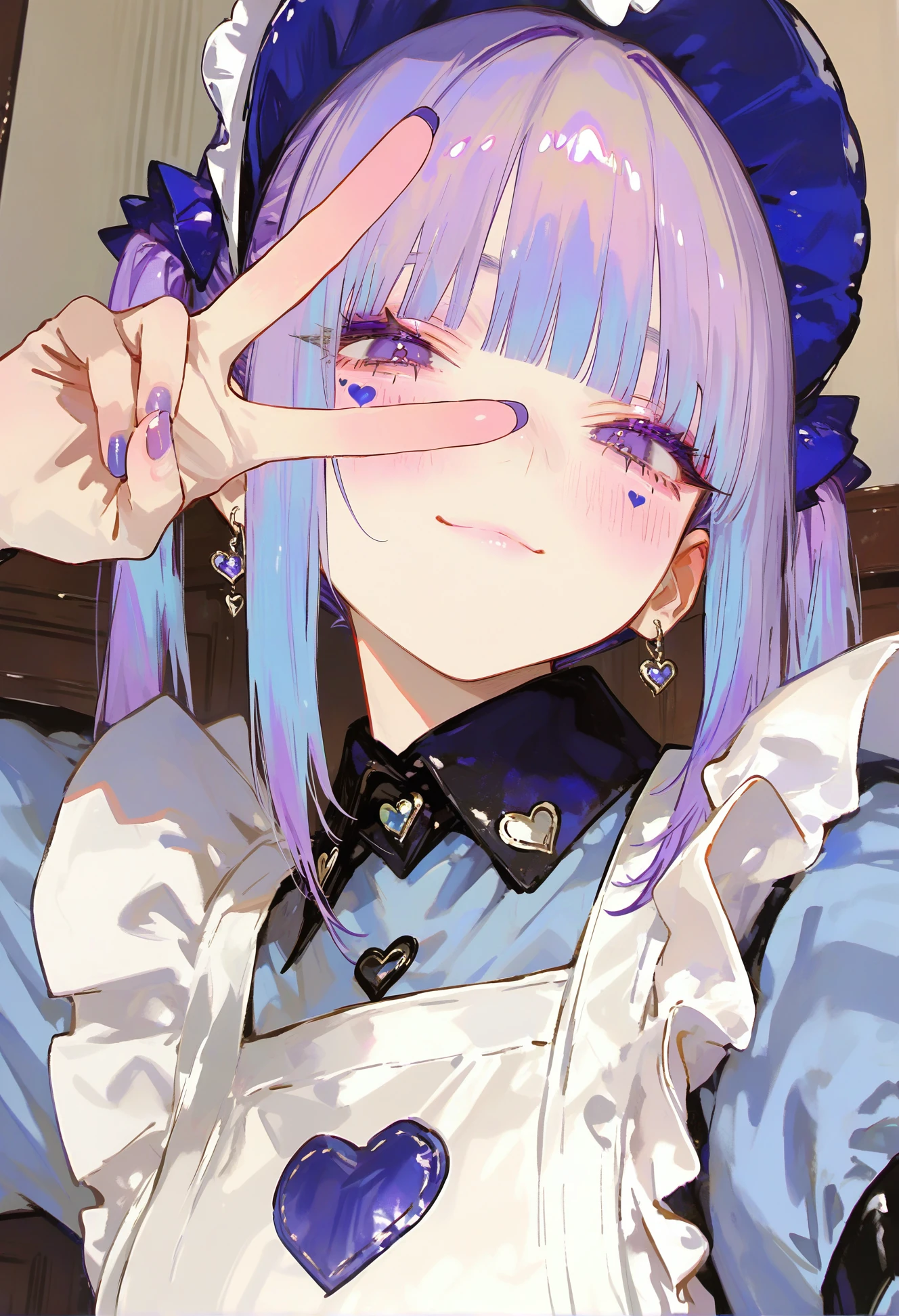 <lora:745cmSDXLvpred75S:1>, 748cmstyle, 1girl, heart facial mark, v over eye, maid apron, looking at viewer, purple eyes, closed mouth, purple nails, blush, smile, purple hair, upper body, nail polish, collared dress, white apron, maid headdress, twintails, jewelry, earrings, blue dress, blunt bangs, selfie, bonnet, sidelocks, multicolored hair, blue nails, fingernails, blue headwear, hand up, medium hair, masterpiece, best quality, year 2024, newest, very awa, highres, absurdres,