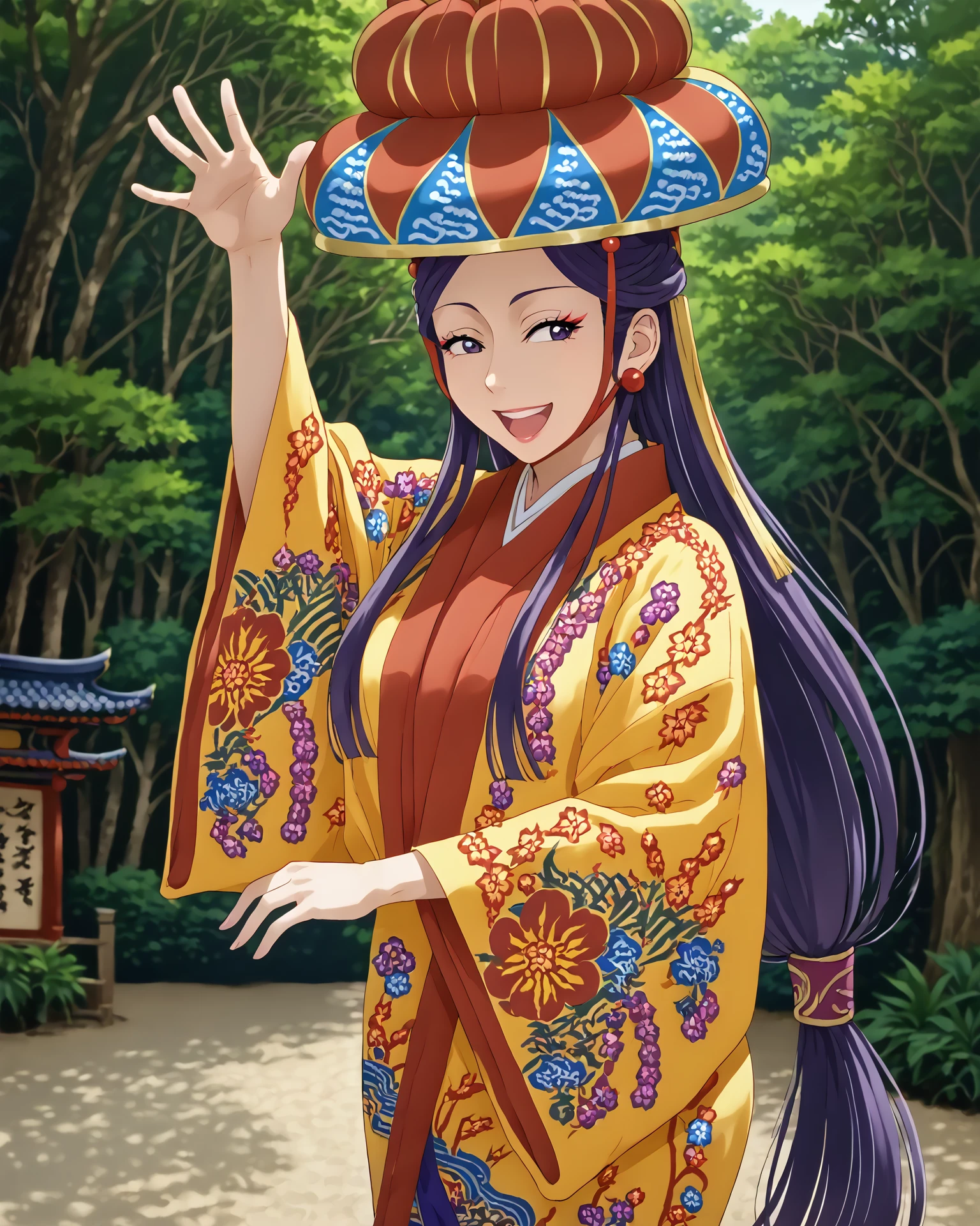 1girl, ryusou, long hair, ryusou hat, jacquard fabric,intricate patterns, (patterned fabric1.2), happy, dancing, forest, score_9, score_8_up, score_7_up,  masterpiece, very detailed, highest quality,  digital art, <lora:Ryusou_XL:1.2>,   <lora:[pony]Sunagawa Tara:1>, sunagawa tara