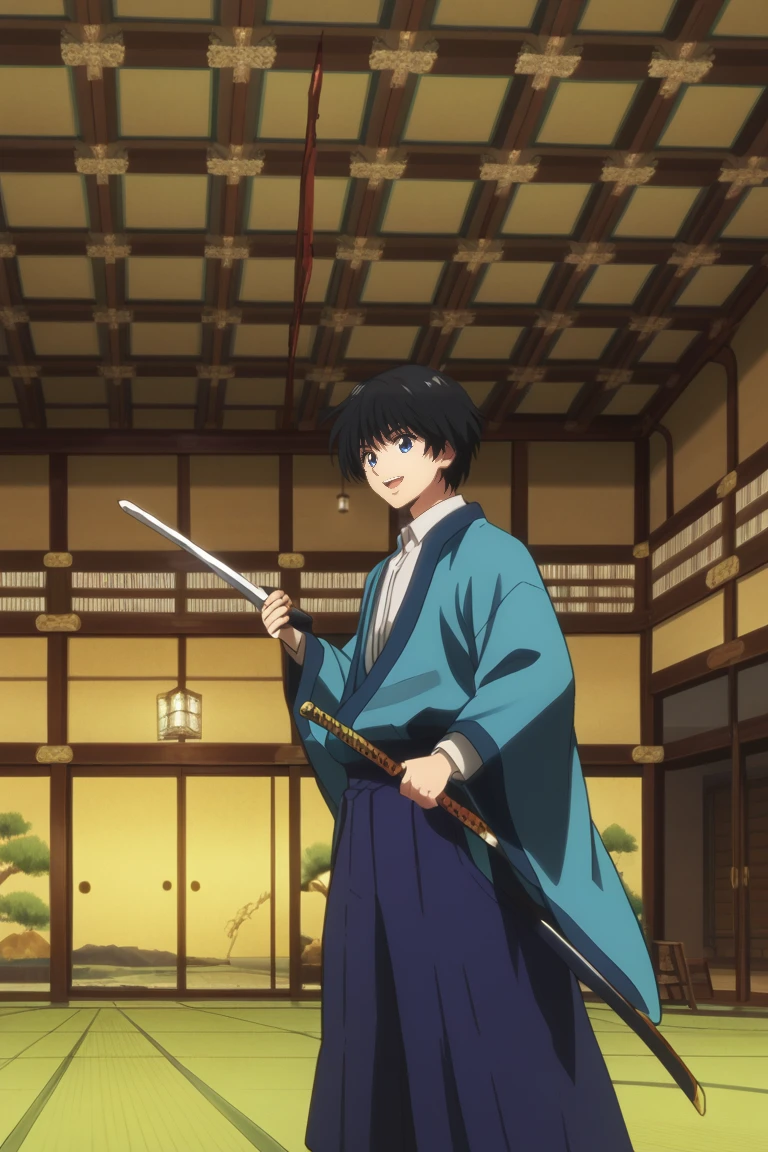 score_9, score_8_up, score_7_up, score_6_up, score_5_up,score_4_up, 
masterpiece, best quality, amazing quality, very aesthetic, absurdres, newest, official art, 
sojirou seta, black hair, blue eyes, japanese clothes, blue kimono, white shirt, weapon, 1boy, sword, male focus, solo, katana, holding weapon, hakama, holding sword, open mouth, holding, hakama skirt, indoors, kimono, smile, wide sleeves, skirt, haori, sheath