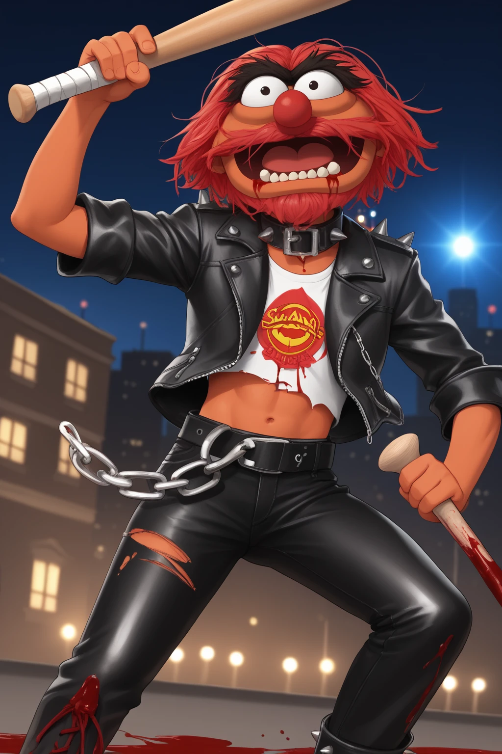 score_9, score_8_up, score_7_up, masterpiece, high quality, BREAK
 <lora:The AnimalPonyLora:1> theanimal, red hair, spiky teeth, bushy eyebrows, red full beard, collar with spikes,pants, dark background, city lights, leather jacket, chains, black leather pants, leather boots, holding baseball bat, blood, bloody on face, blood on weapon, blood on body, blood splatter