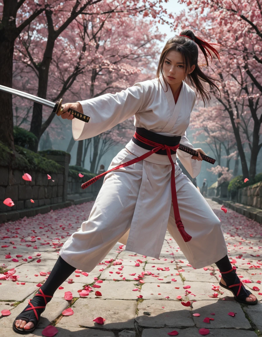 score_9, score_8_up, score_7_up, score_6_up, 1girl, A samurai warrior in mid-fight, katana drawn and held at a sharp angle, sakura petals scattering in the violent motion.