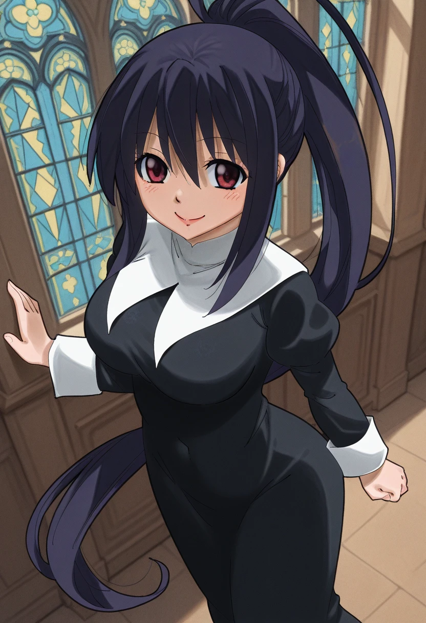 masterpiece, best quality, 1girl, looking at viewer, from above, himejima akeno, long hair, cute, smile, perfect medium breasts,black nun outfit, at a church, stained glass, standing, sfw, gaston18